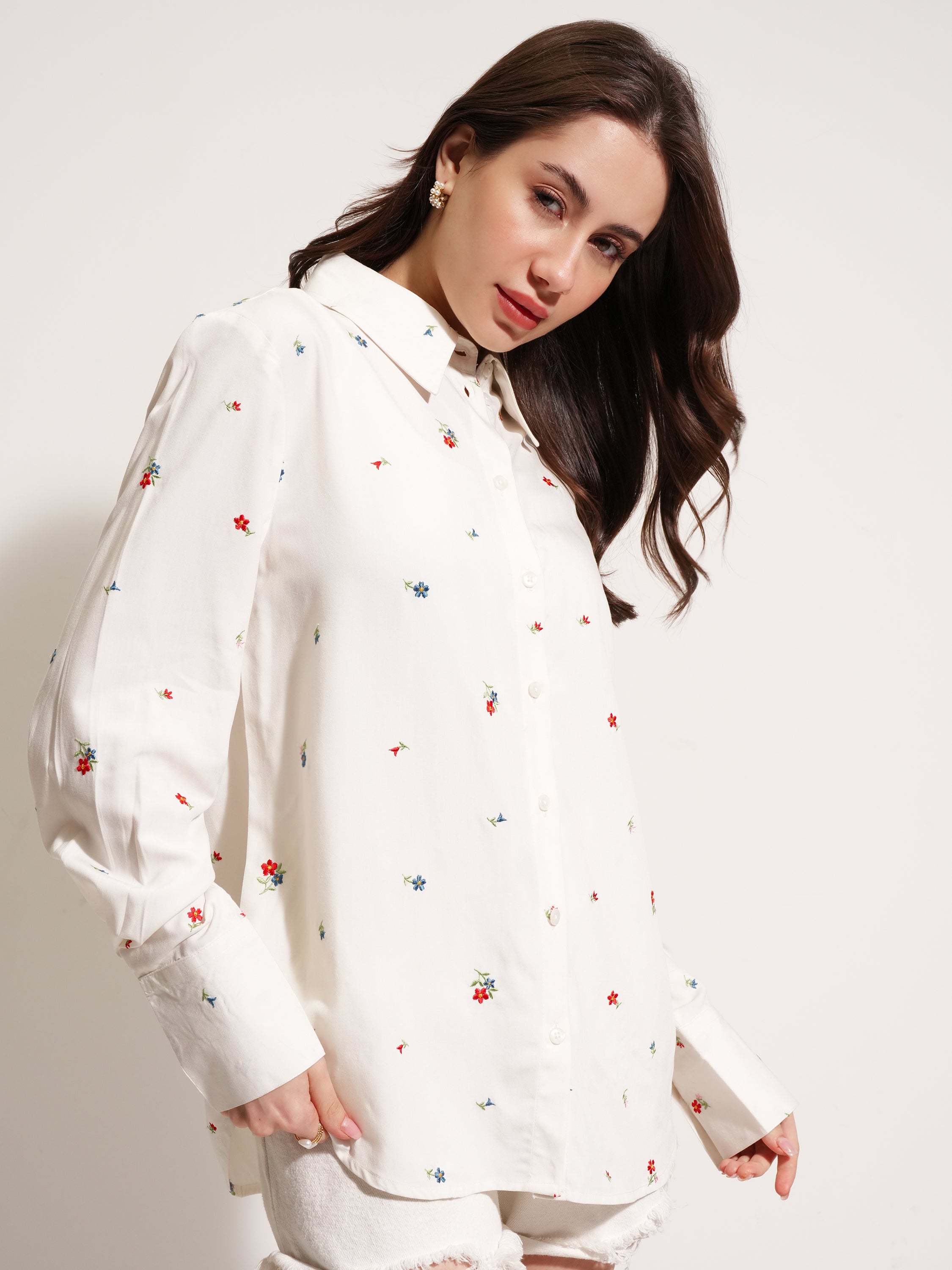 Tokyo Talkies Women Off White Embroidered Casual Shirt - Off White - Image 6