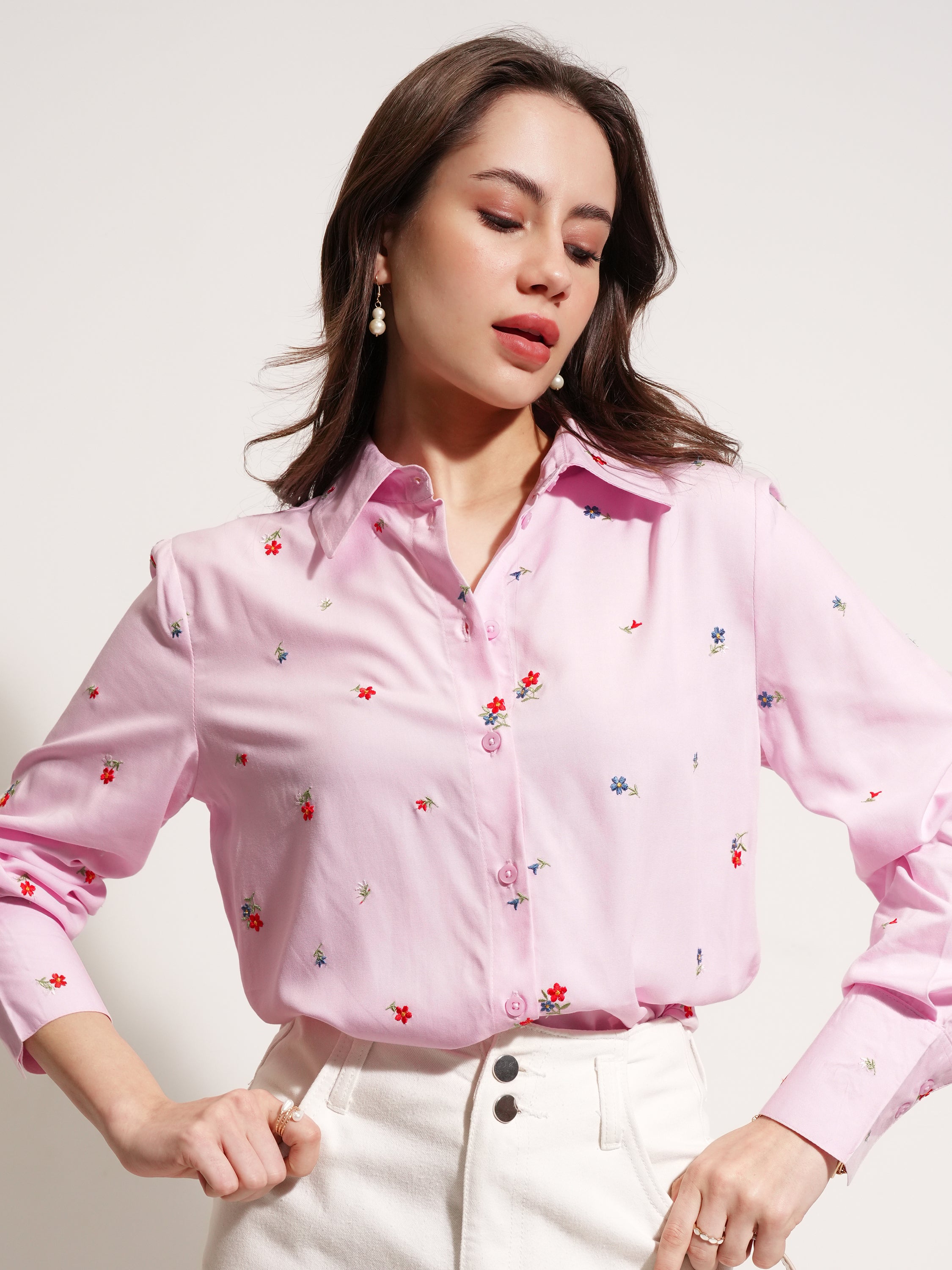 Tokyo Talkies Women Pink Self Design Casual Shirt - Pink - Image 1