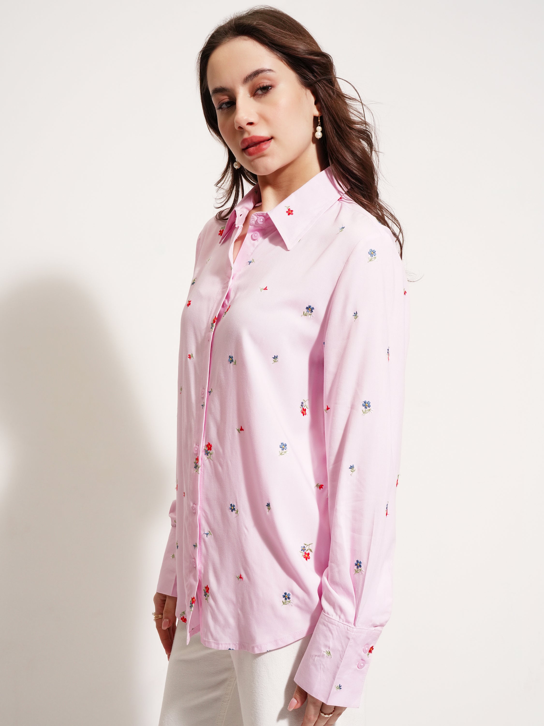 Tokyo Talkies Women Pink Self Design Casual Shirt - Pink - Image 4