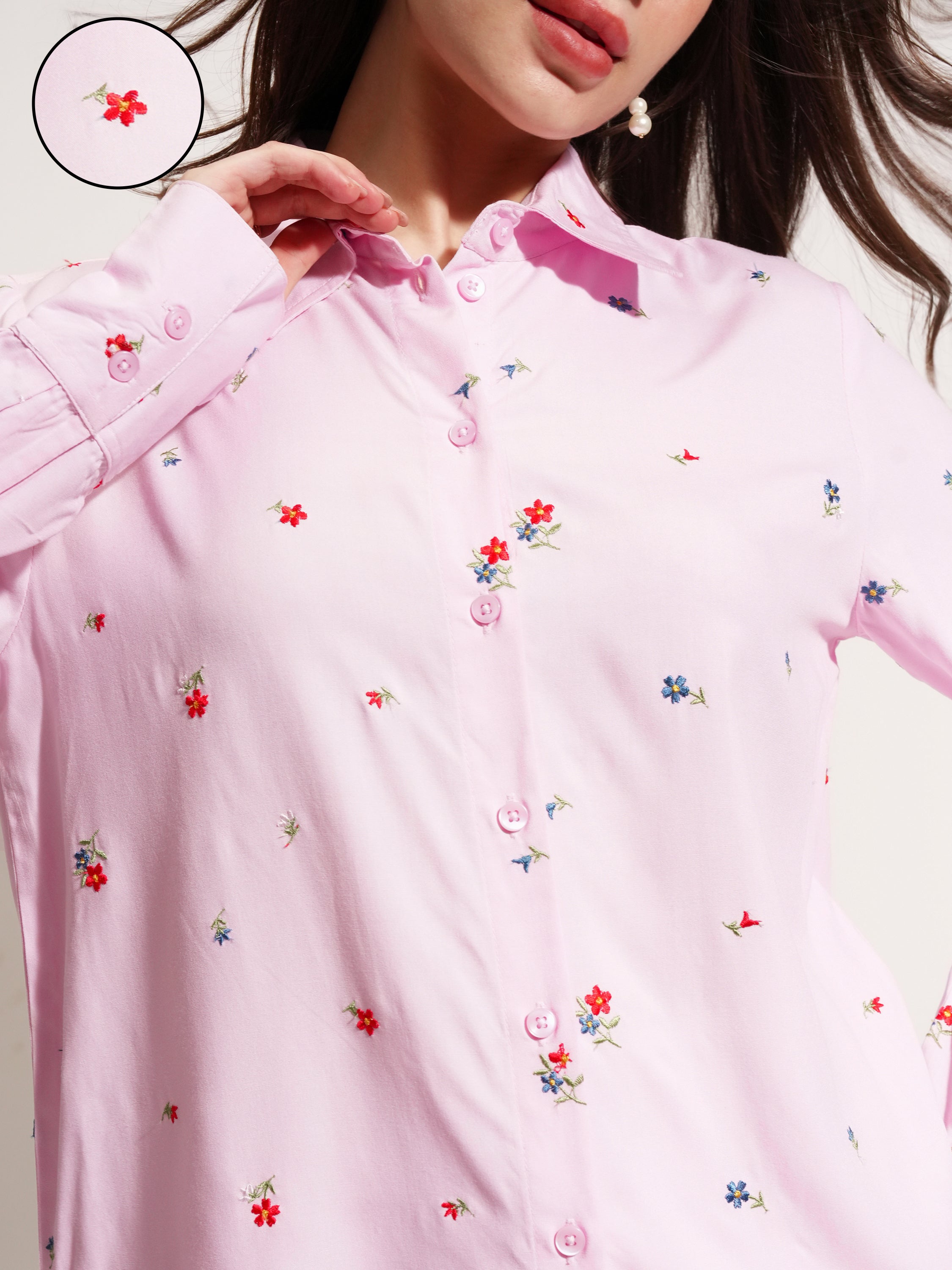 Tokyo Talkies Women Pink Self Design Casual Shirt - Pink - Image 5