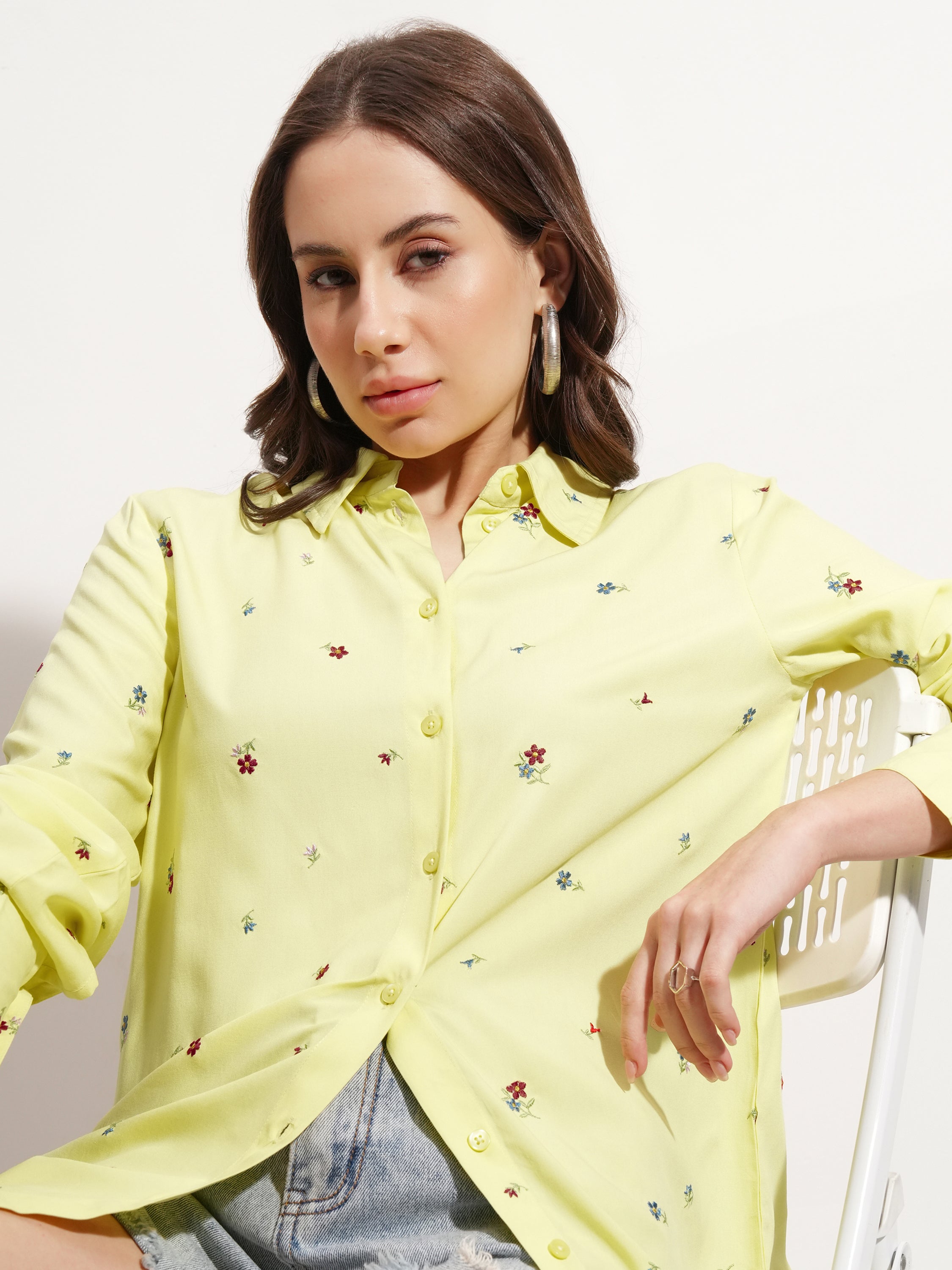 Tokyo Talkies Women Yellow Embroidered Casual Shirt - Yellow - Image 1