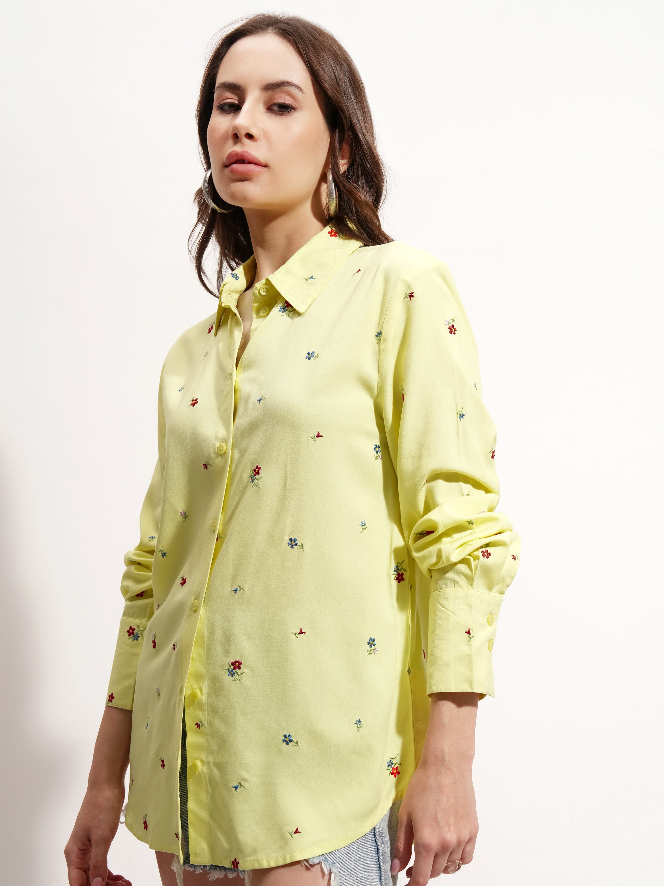 Tokyo Talkies Women Yellow Embroidered Casual Shirt - Yellow - Image 4