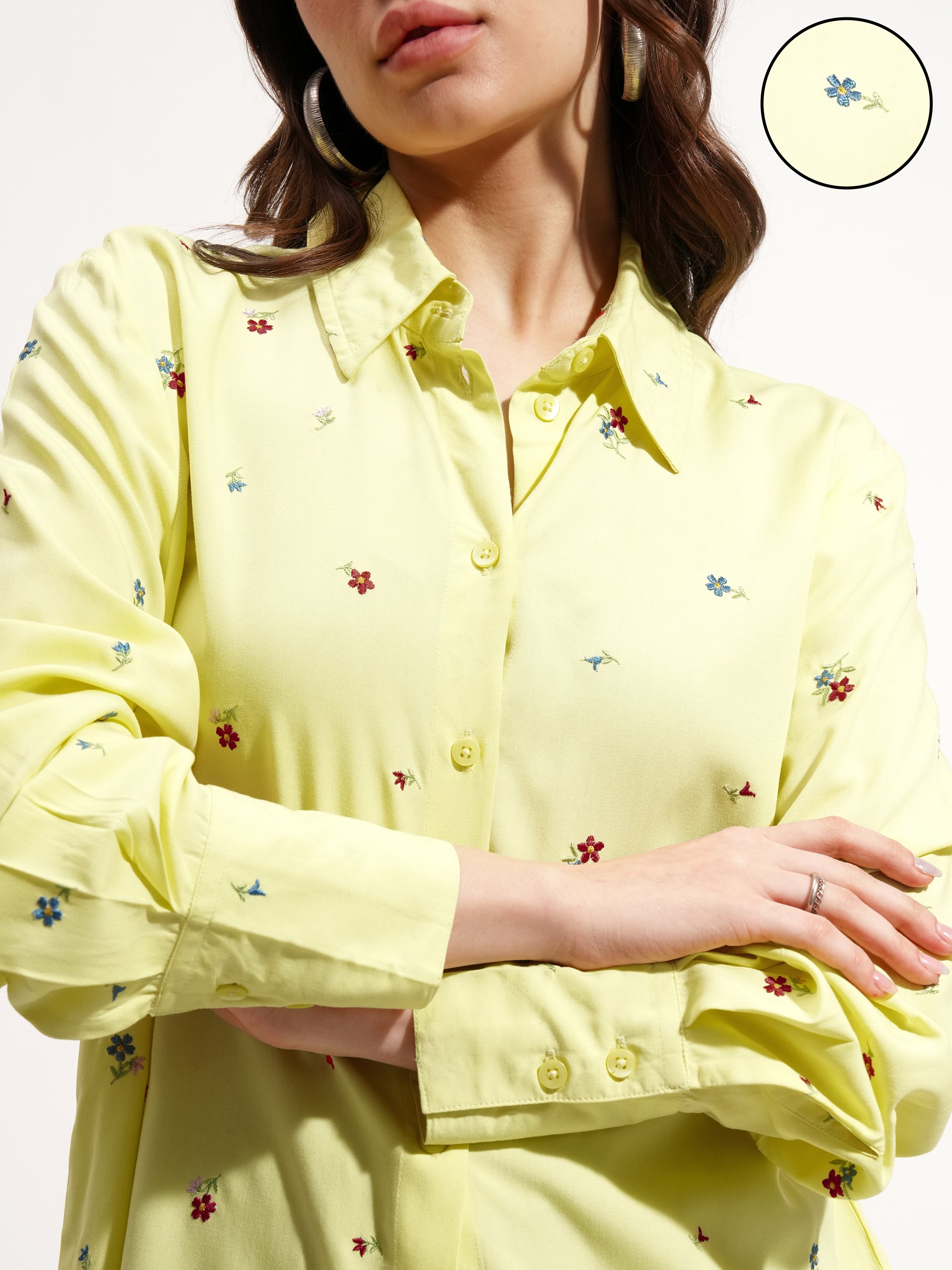 Tokyo Talkies Women Yellow Embroidered Casual Shirt - Yellow - Image 5