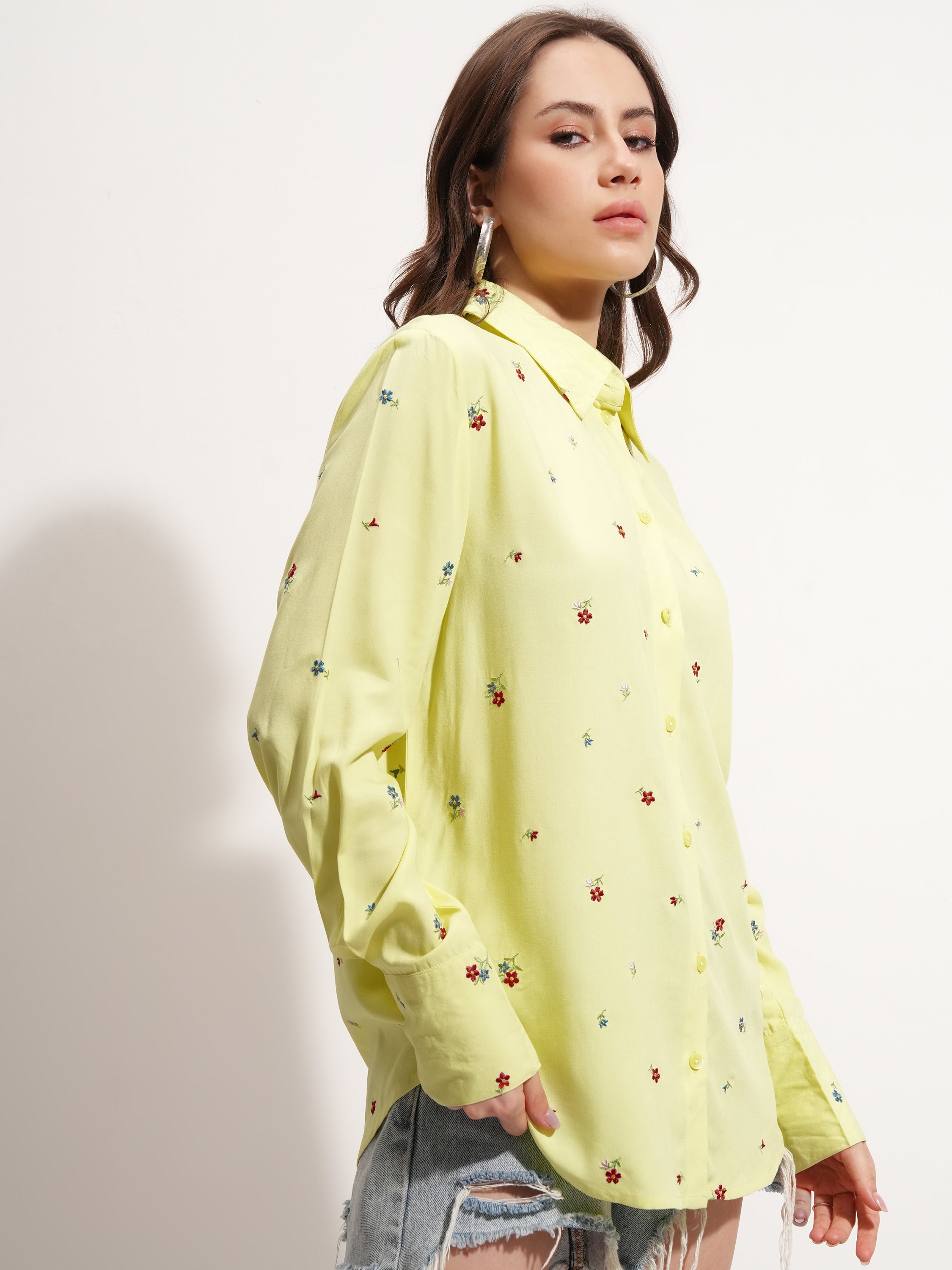 Tokyo Talkies Women Yellow Embroidered Casual Shirt - Yellow - Image 6