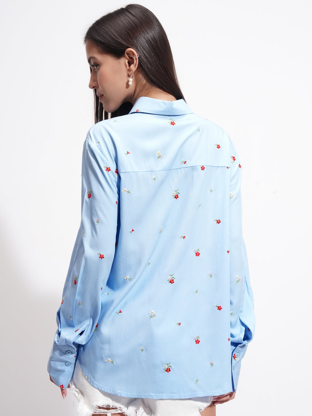 Tokyo Talkies Women Blue Embroidered Casual Shirt - Blue - Image 3