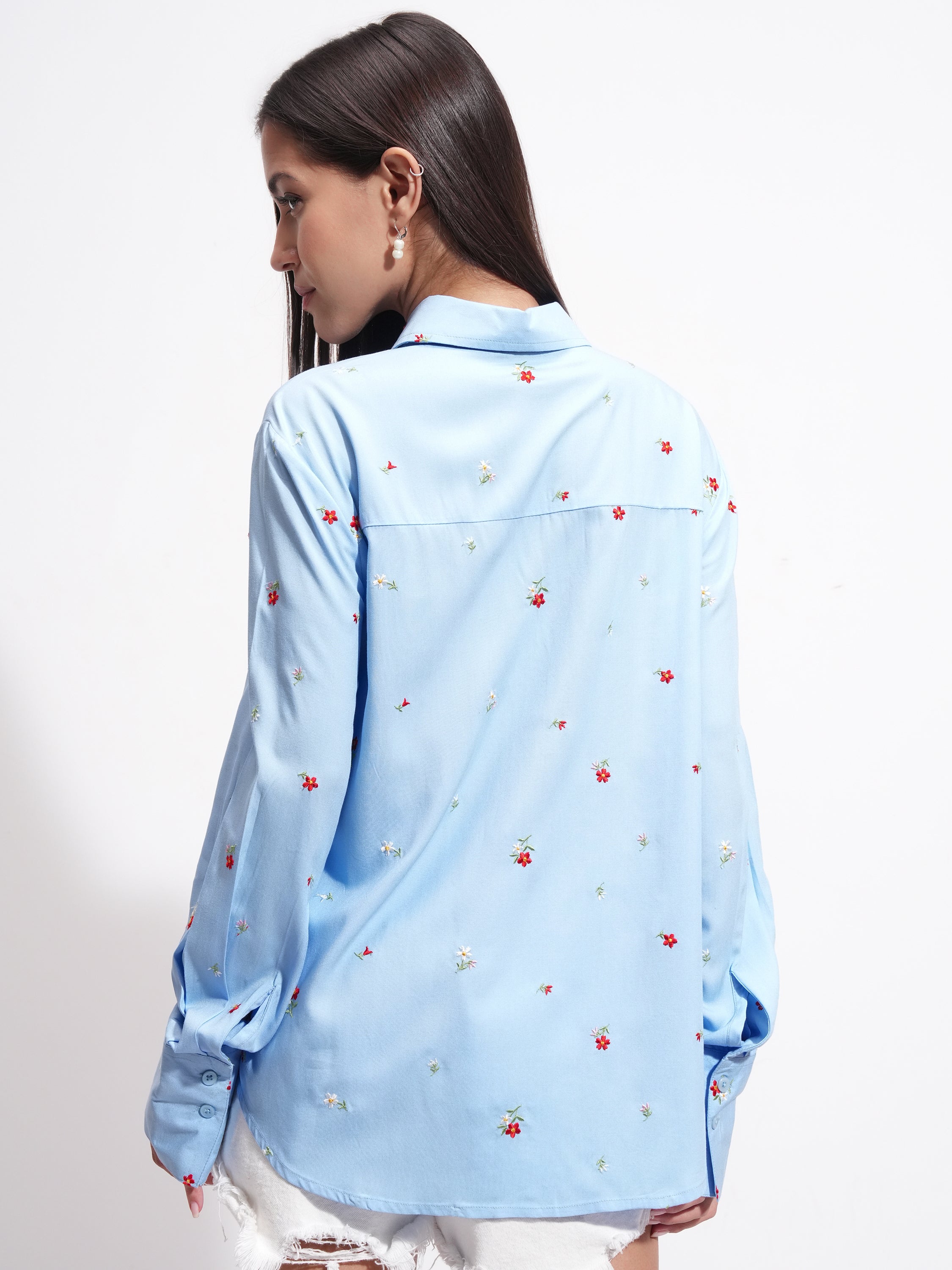 Tokyo Talkies Women Blue Embroidered Casual Shirt - Blue - Image 3