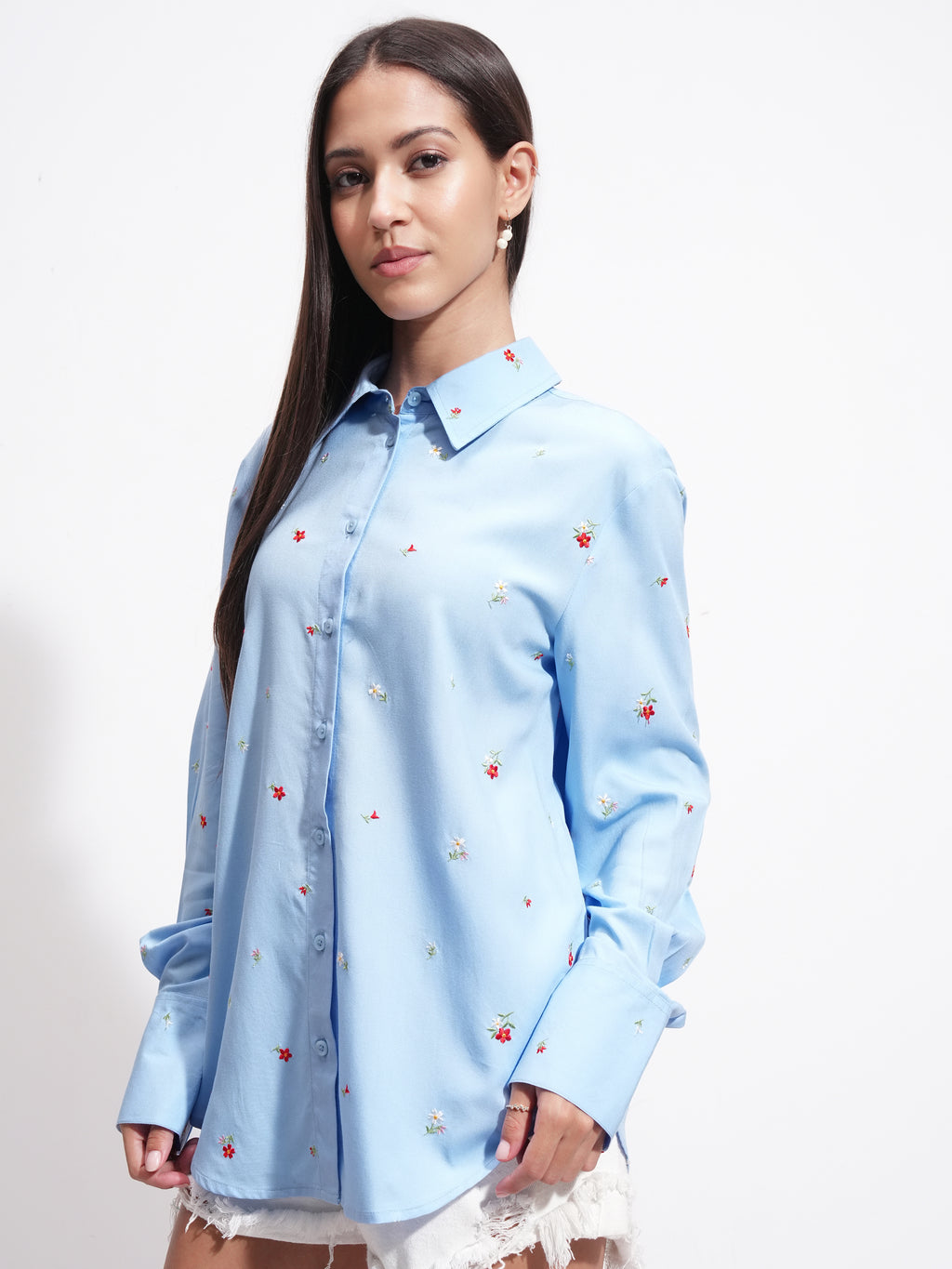 Tokyo Talkies Women Blue Embroidered Casual Shirt - Blue - Image 4