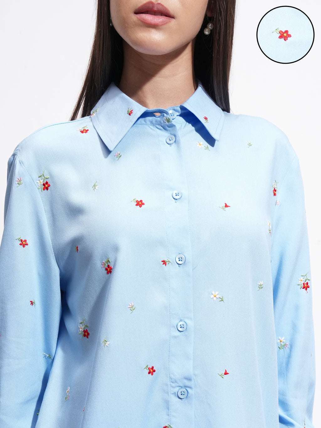 Tokyo Talkies Women Blue Embroidered Casual Shirt - Blue - Image 5