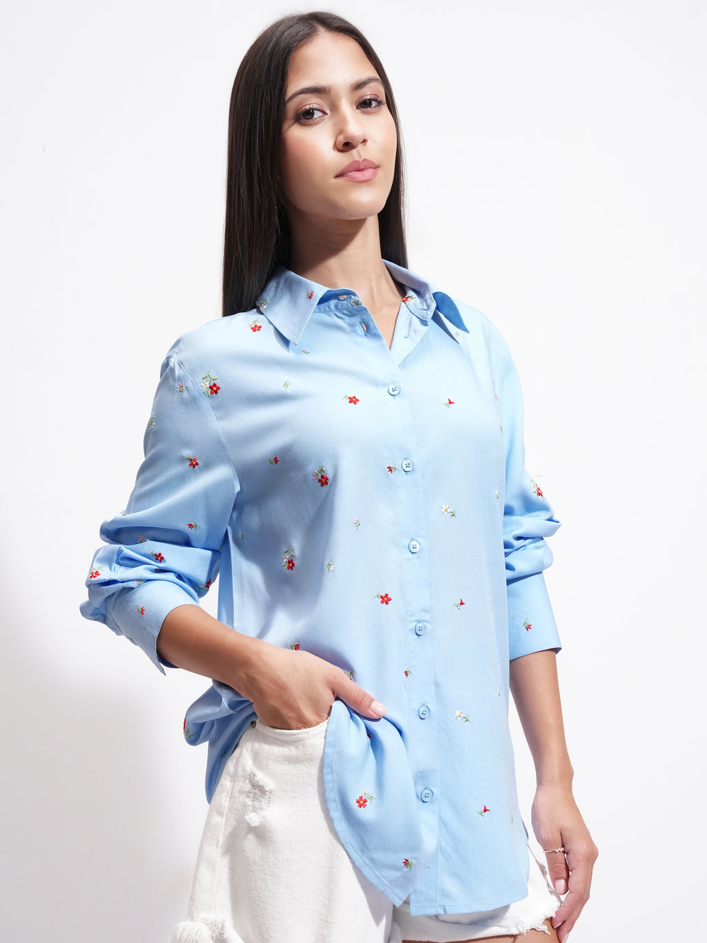 Tokyo Talkies Women Blue Embroidered Casual Shirt - Blue - Image 6