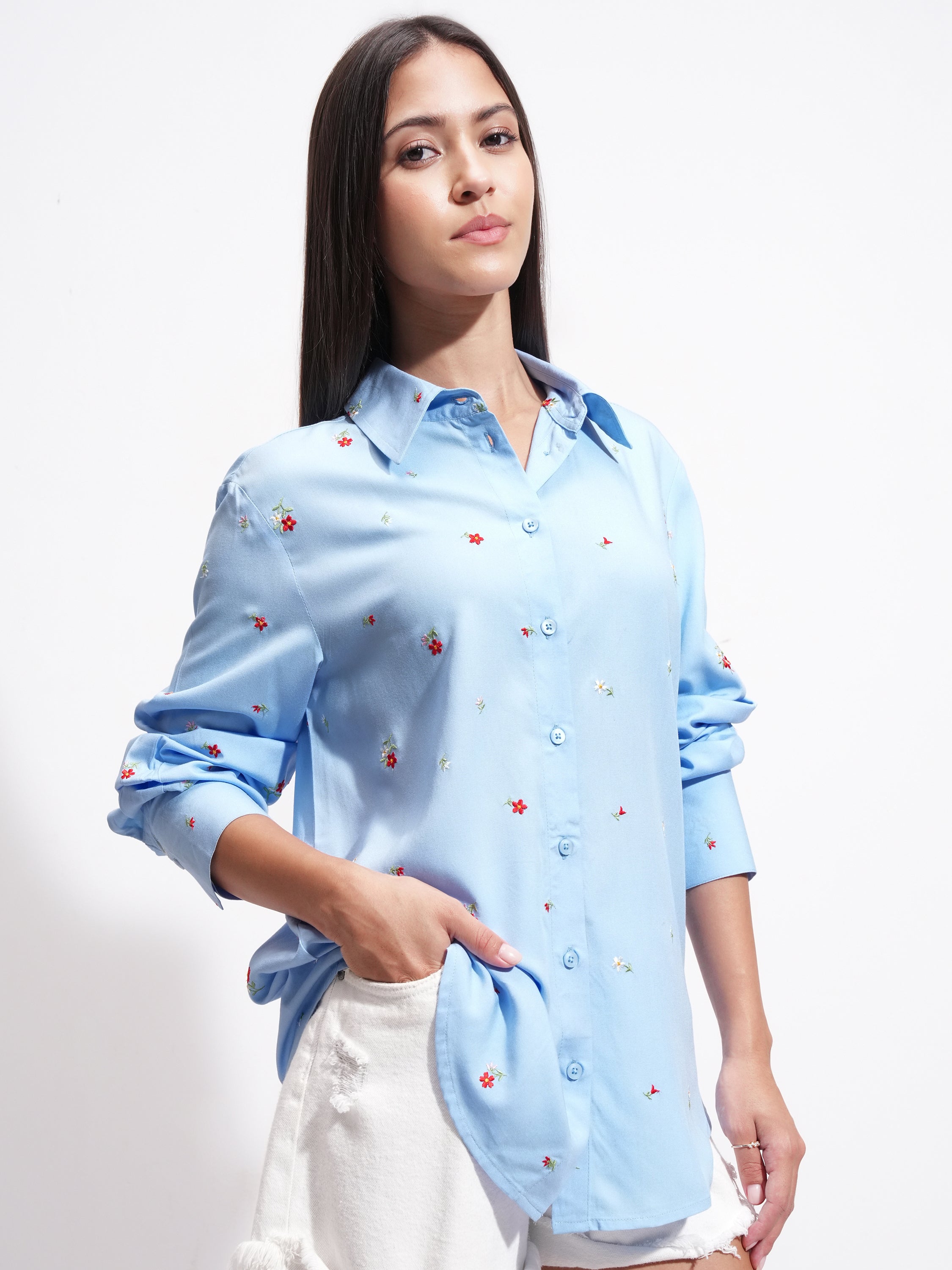 Tokyo Talkies Women Blue Embroidered Casual Shirt - Blue - Image 6