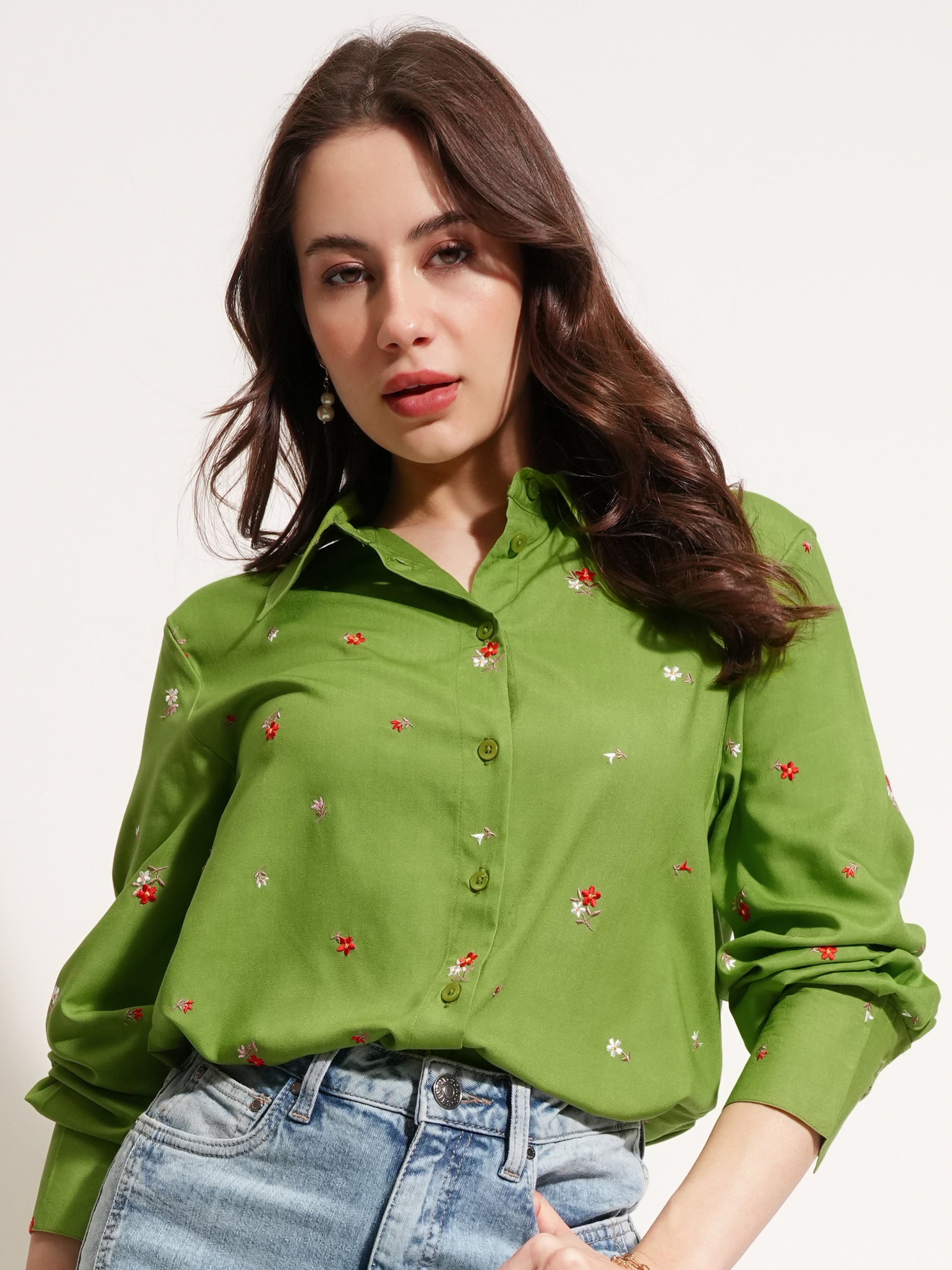 Tokyo Talkies Women Green Self Design Casual Shirt - Green - Image 1