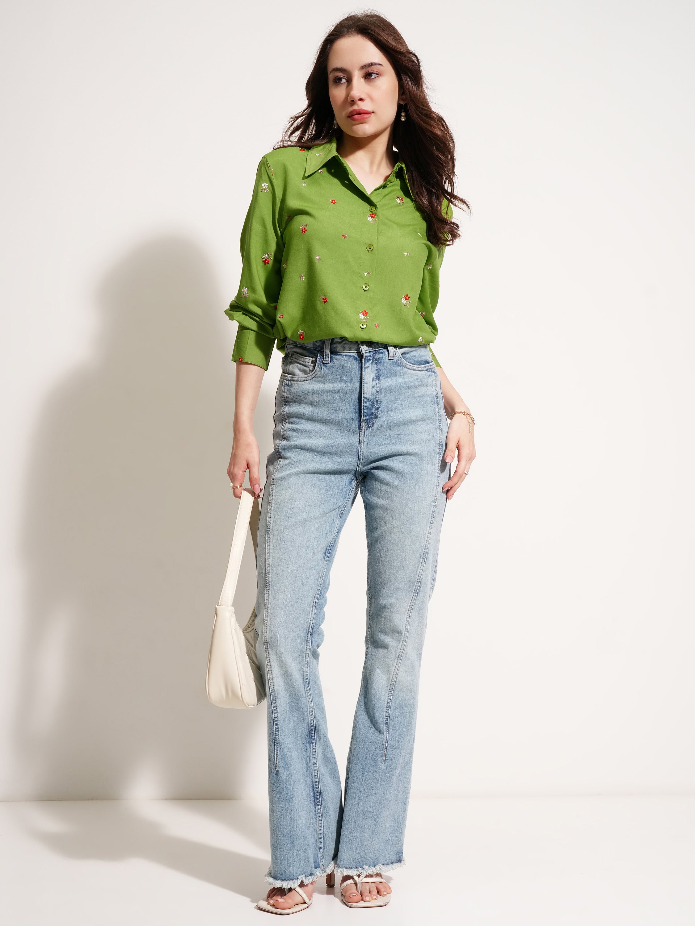 Tokyo Talkies Women Green Self Design Casual Shirt - Green - Image 2