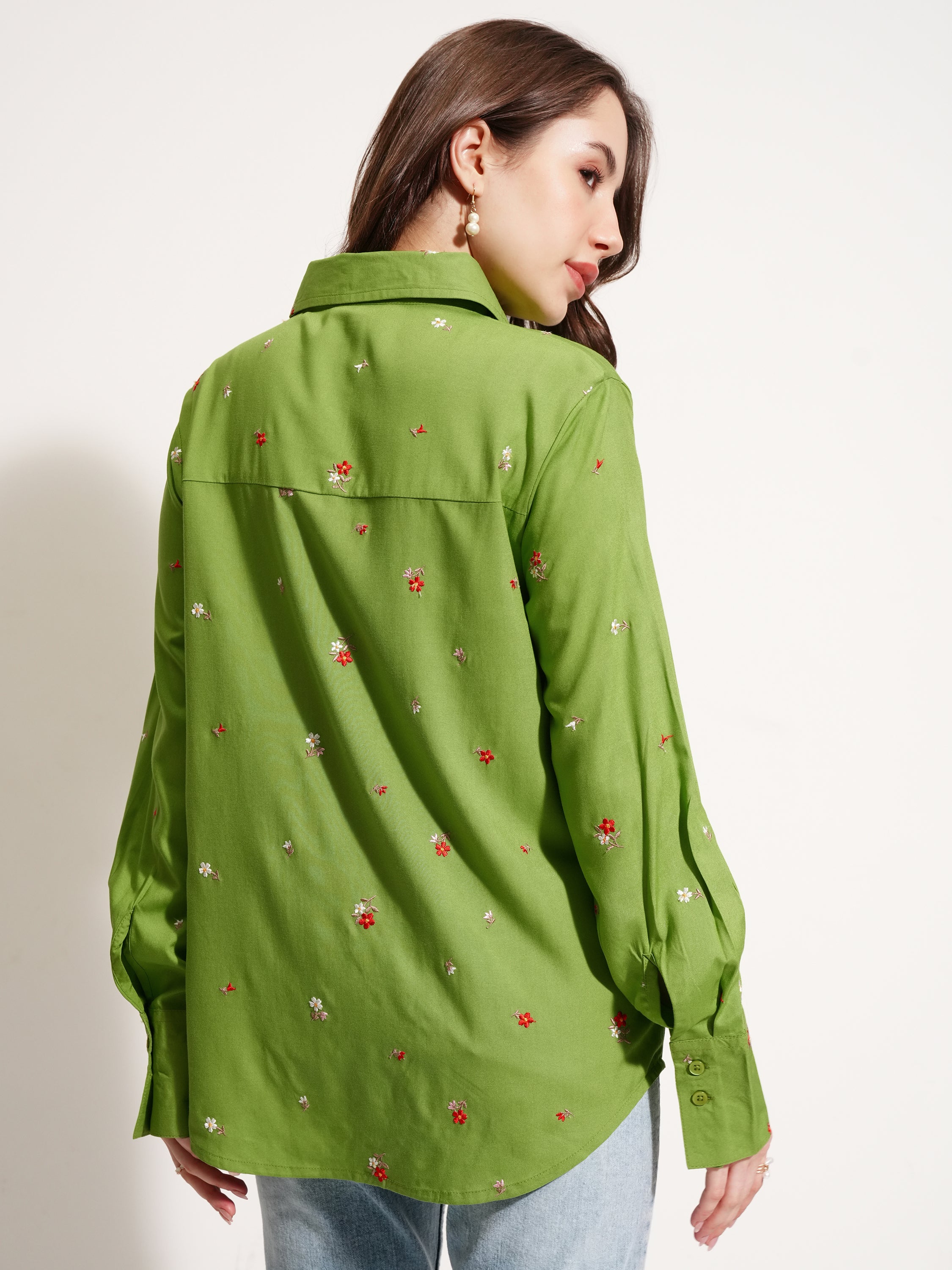 Tokyo Talkies Women Green Self Design Casual Shirt - Green - Image 3