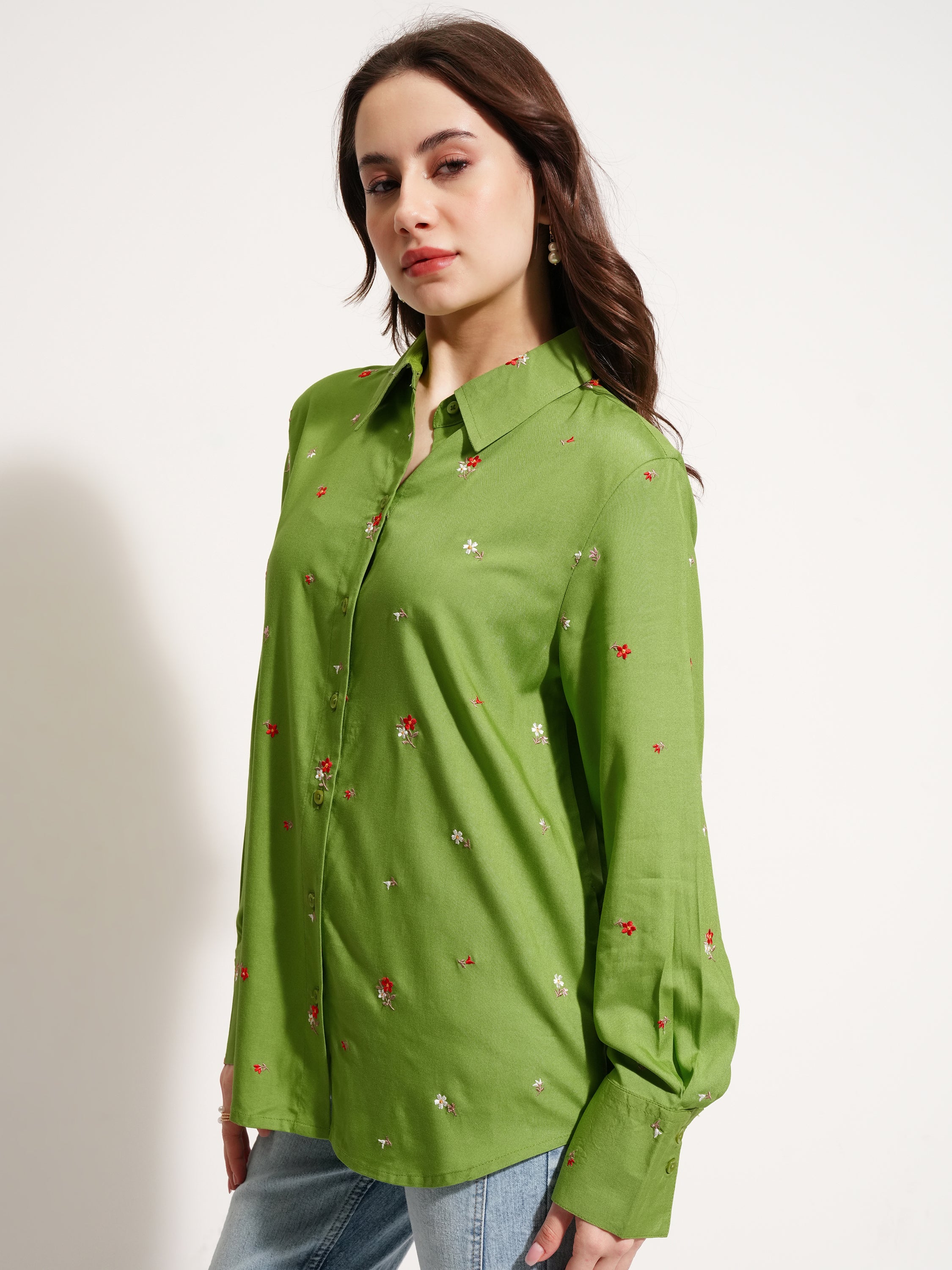 Tokyo Talkies Women Green Self Design Casual Shirt - Green - Image 4