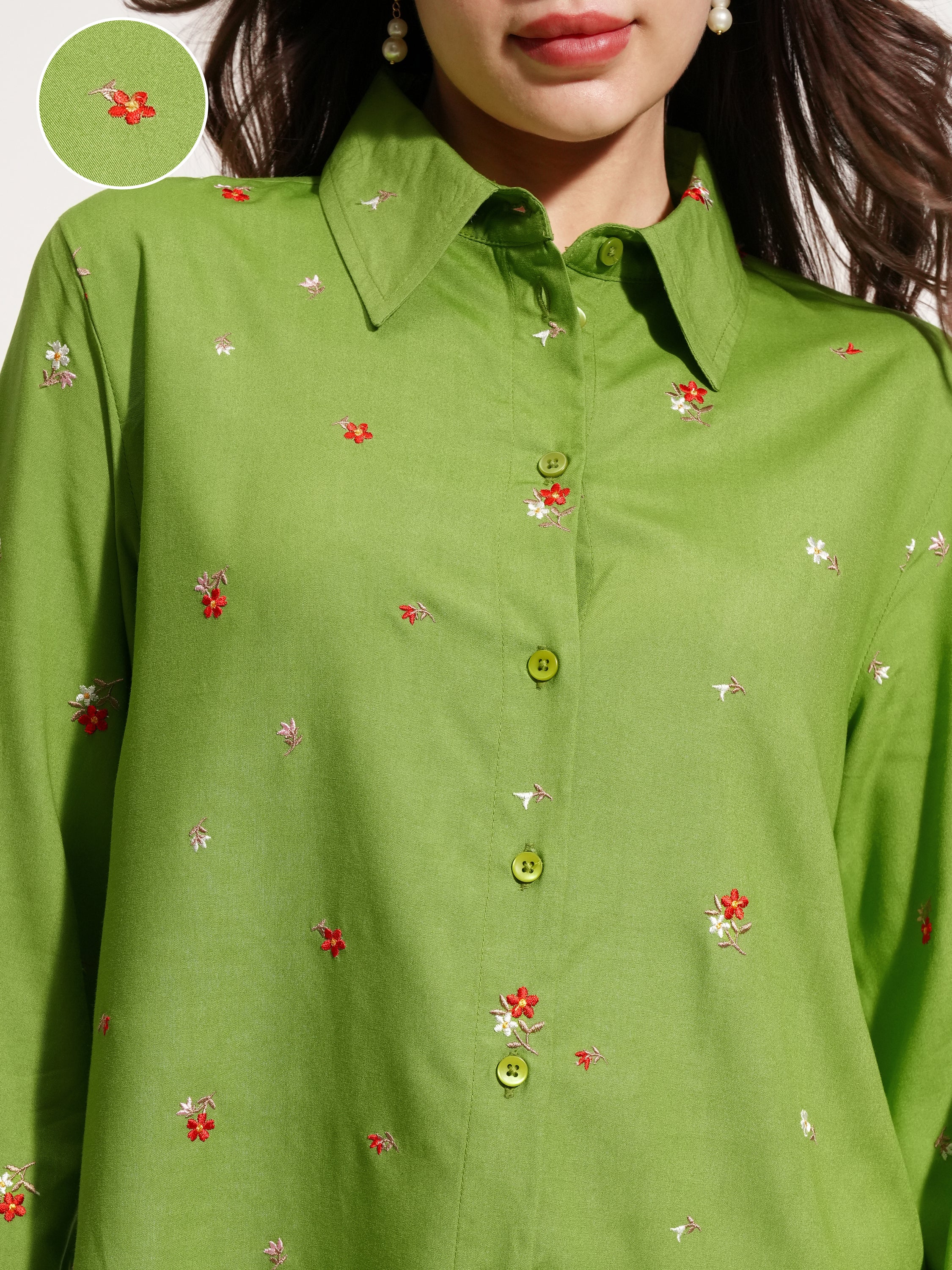 Tokyo Talkies Women Green Self Design Casual Shirt - Green - Image 5