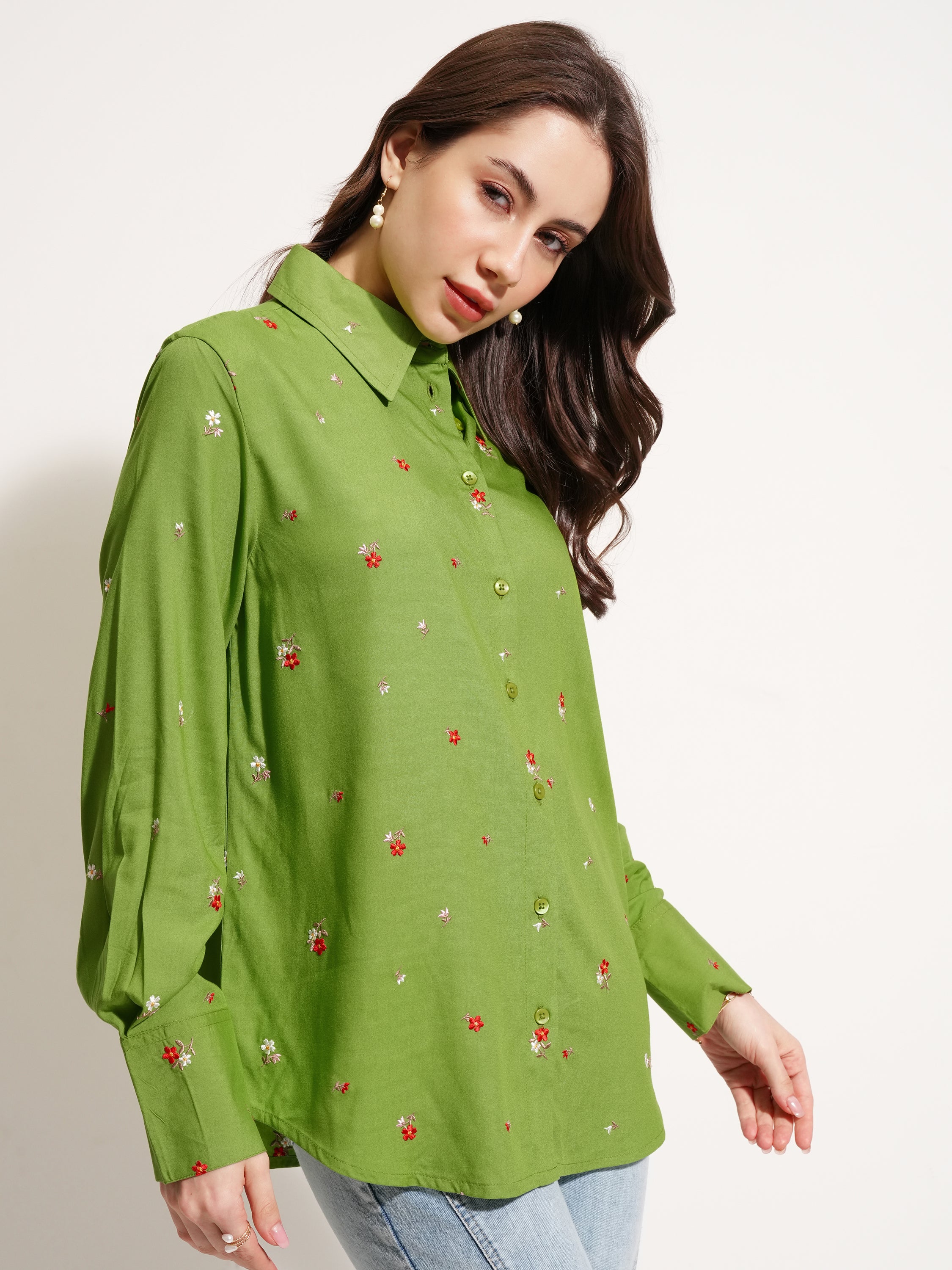 Tokyo Talkies Women Green Self Design Casual Shirt - Green - Image 6