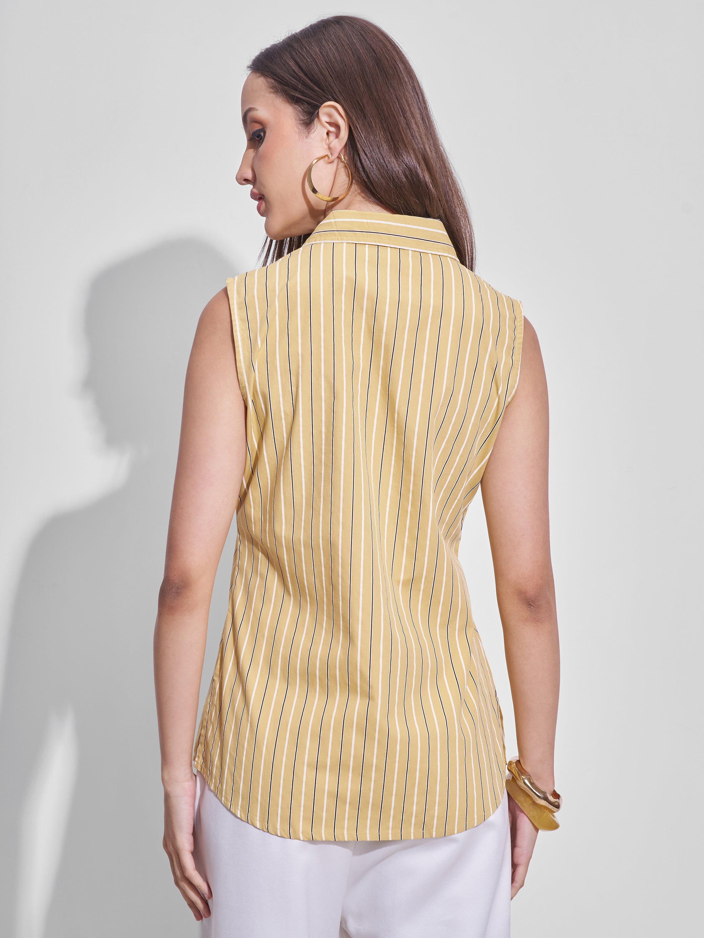 Tokyo Talkies Women Yellow Striped Casual Shirt - Yellow - Image 3