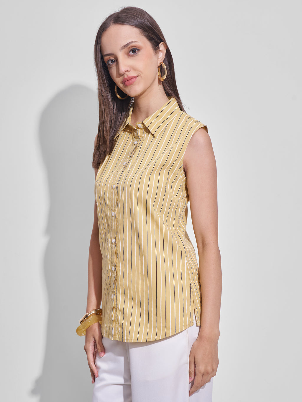 Tokyo Talkies Women Yellow Striped Casual Shirt - Yellow - Image 4