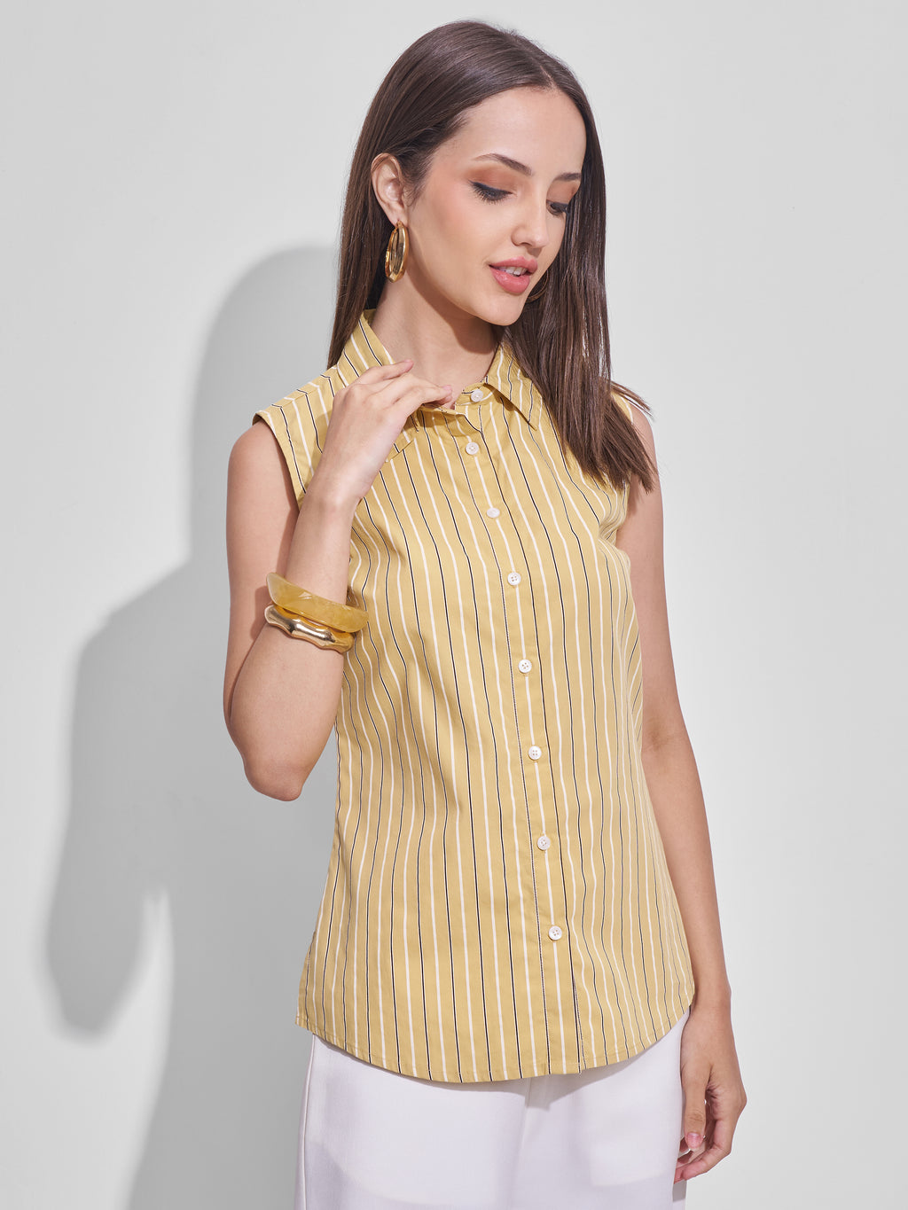 Tokyo Talkies Women Yellow Striped Casual Shirt - Yellow - Image 6