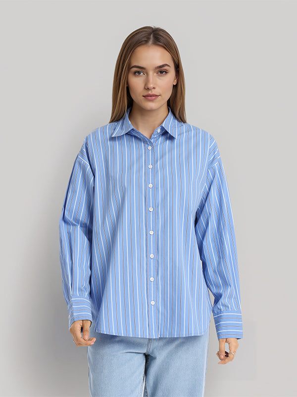 Chic By Tokyo Talkies Women Blue Striped Oversized Fit Casual Shirt - Blue - Image 1