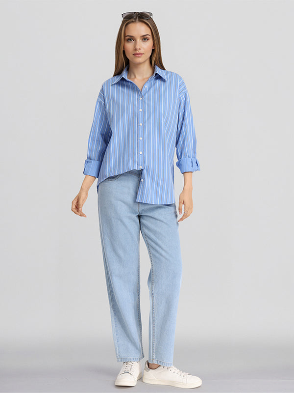 Chic By Tokyo Talkies Women Blue Striped Oversized Fit Casual Shirt - Blue - Image 2