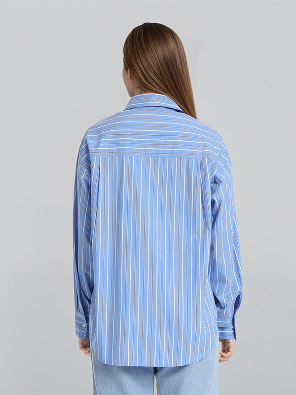 Chic By Tokyo Talkies Women Blue Striped Oversized Fit Casual Shirt - Blue - Image 3