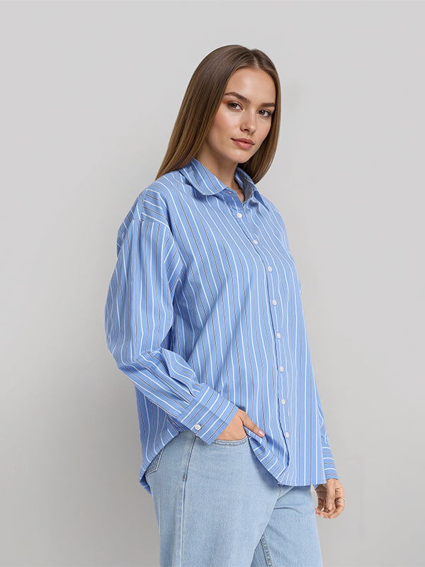 Chic By Tokyo Talkies Women Blue Striped Oversized Fit Casual Shirt - Blue - Image 4