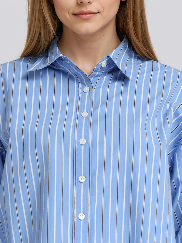 Chic By Tokyo Talkies Women Blue Striped Oversized Fit Casual Shirt - Blue - Image 5