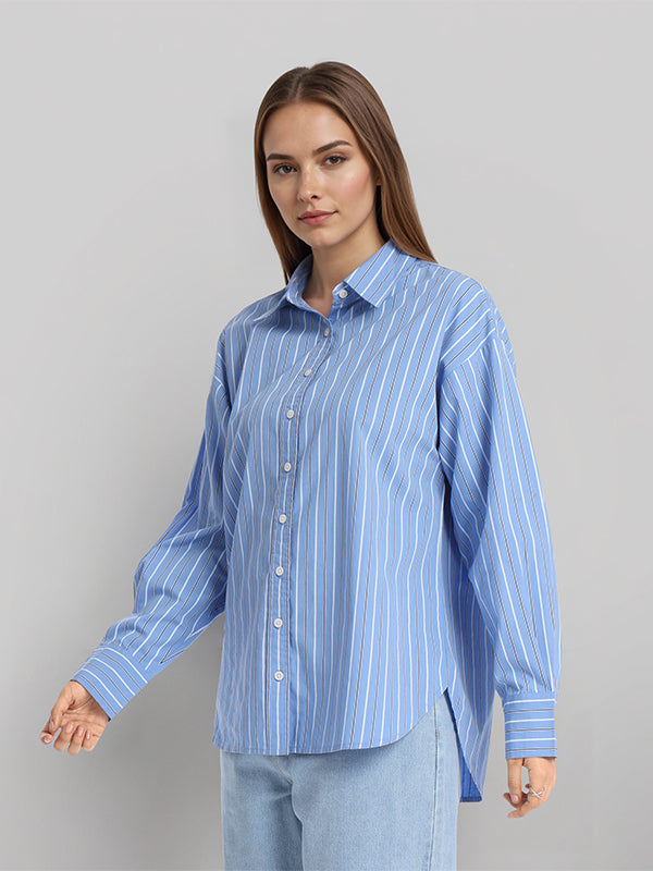 Chic By Tokyo Talkies Women Blue Striped Oversized Fit Casual Shirt - Blue - Image 6
