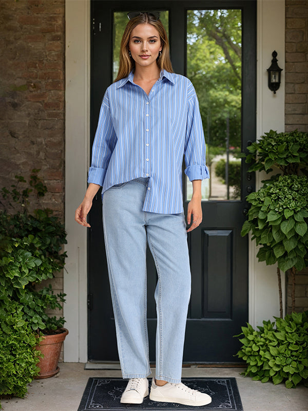 Chic By Tokyo Talkies Women Blue Striped Oversized Fit Casual Shirt - Blue - Image 7