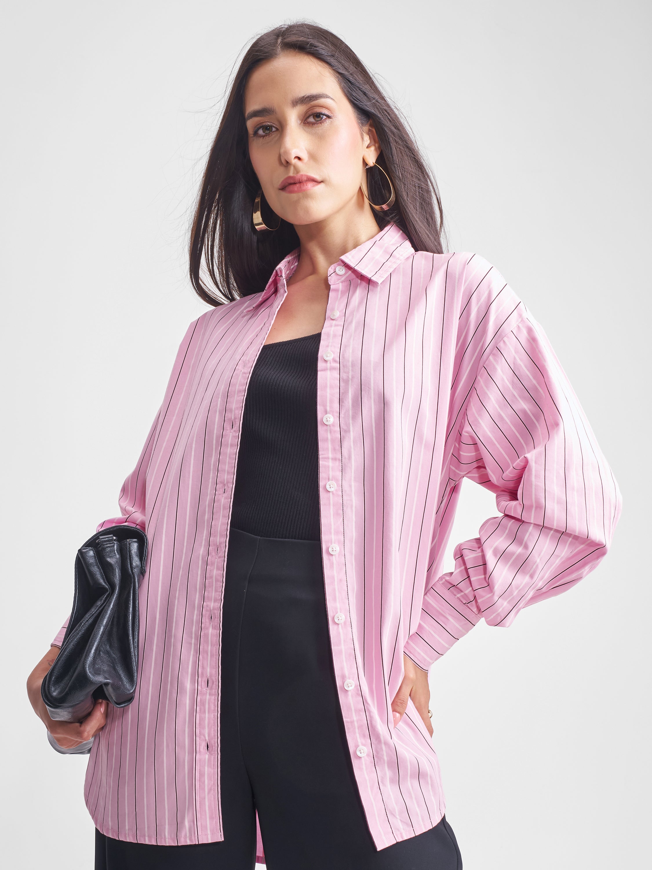 Tokyo Talkies Women Pink Striped Oversized Fit Casual Shirt - Pink - Image 1