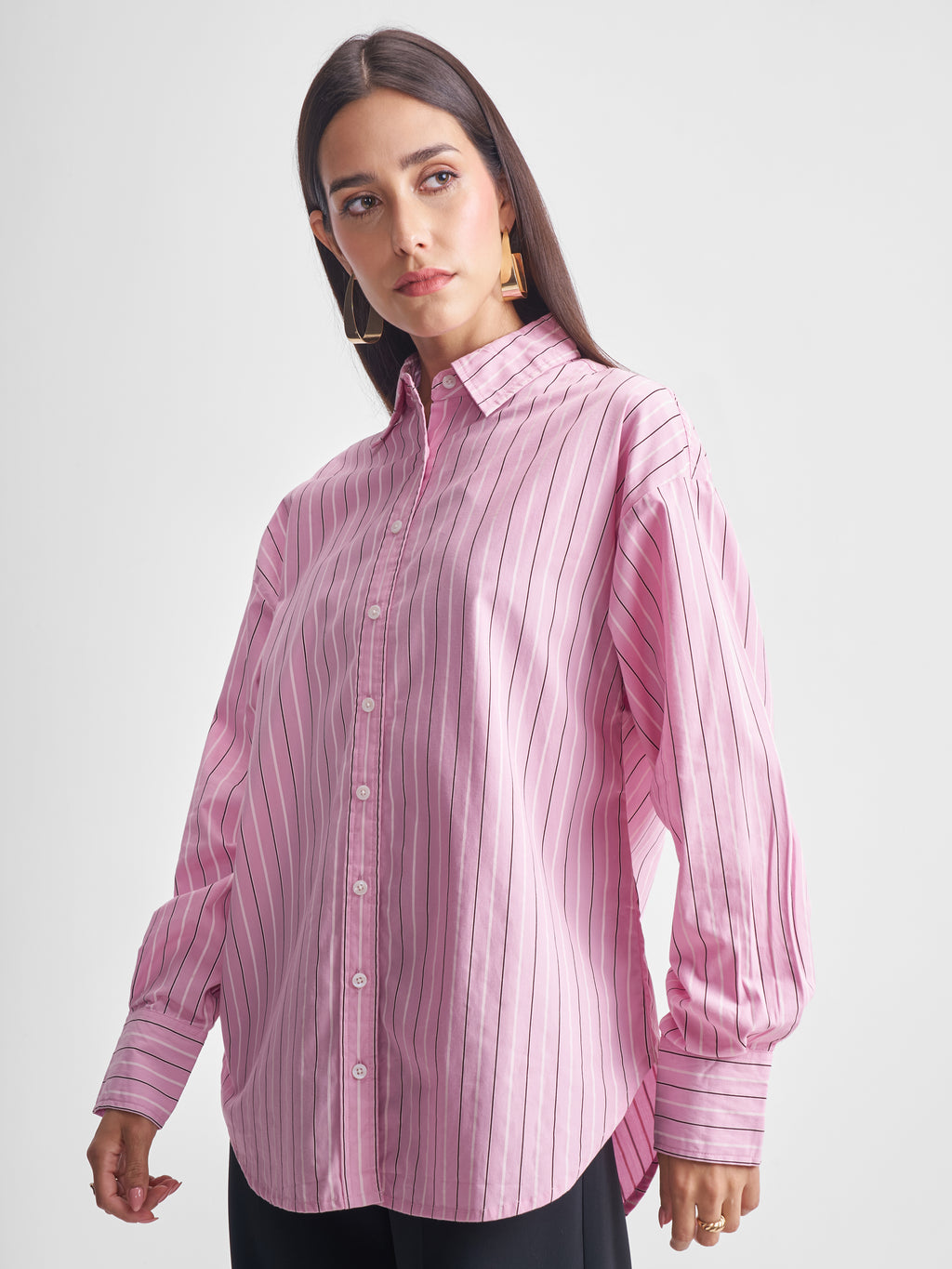 Tokyo Talkies Women Pink Striped Oversized Fit Casual Shirt - Pink - Image 4