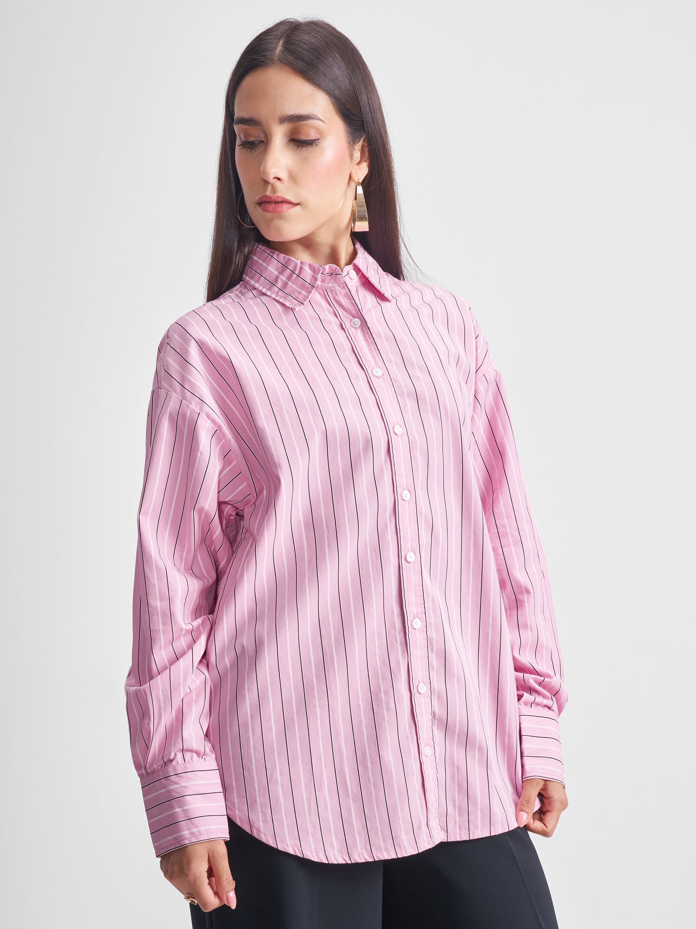 Tokyo Talkies Women Pink Striped Oversized Fit Casual Shirt - Pink - Image 6