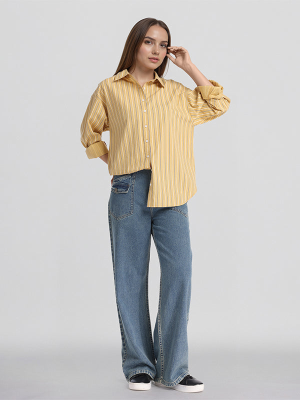 Chic By Tokyo Talkies Women Mustard Striped Oversized Fit Casual Shirt - Mustard - Image 2