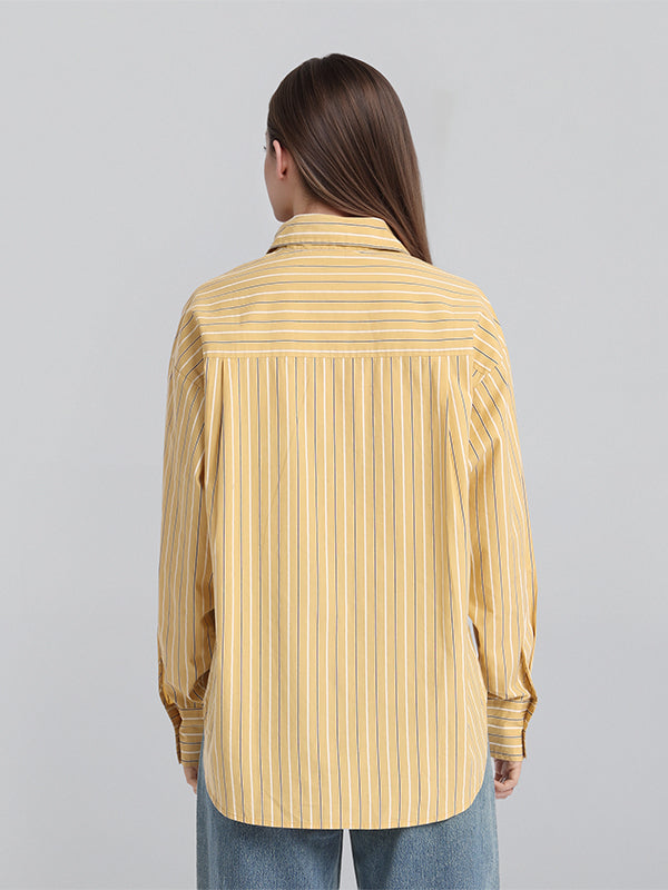 Chic By Tokyo Talkies Women Mustard Striped Oversized Fit Casual Shirt - Mustard - Image 3