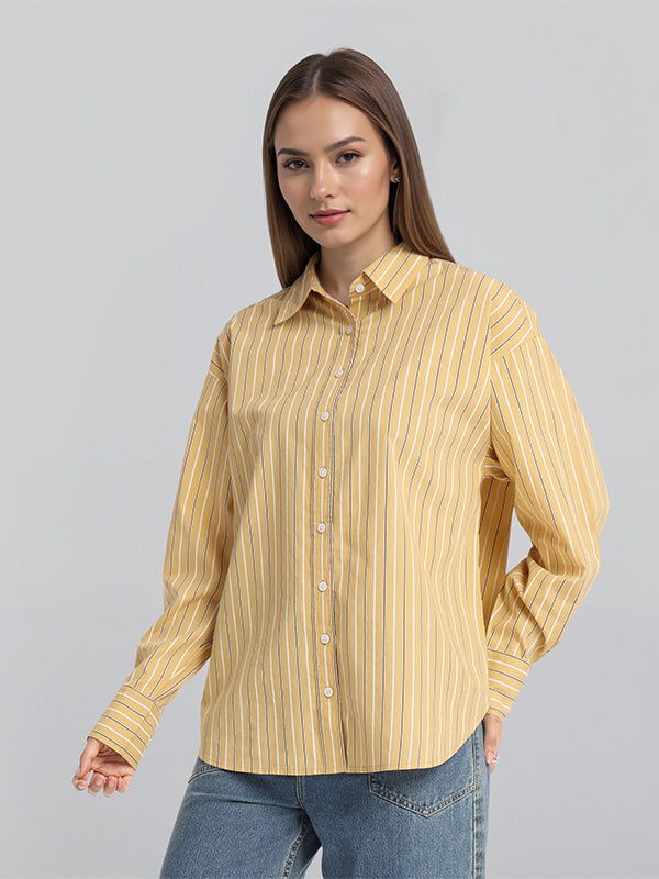 Chic By Tokyo Talkies Women Mustard Striped Oversized Fit Casual Shirt - Mustard - Image 4