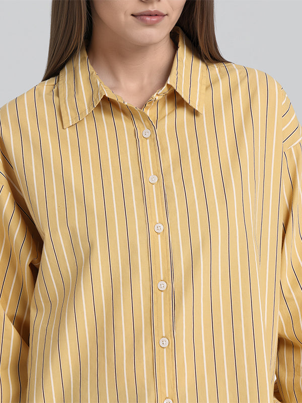 Chic By Tokyo Talkies Women Mustard Striped Oversized Fit Casual Shirt - Mustard - Image 5