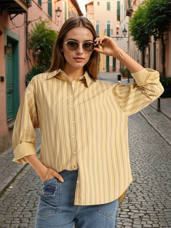Chic By Tokyo Talkies Women Mustard Striped Oversized Fit Casual Shirt - Mustard - Image 7