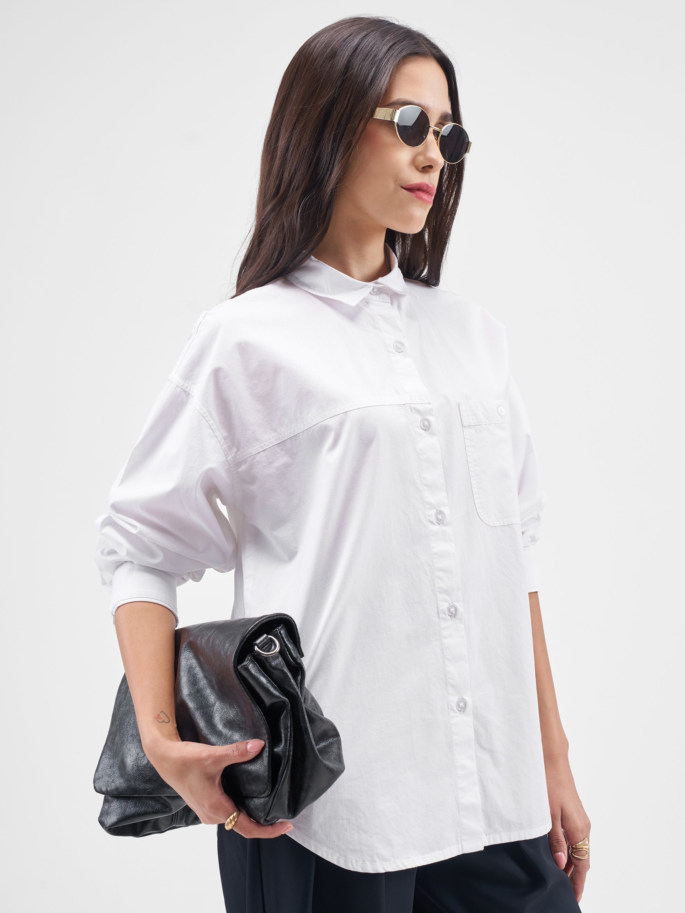 Chic By Tokyo Talkies Women White Solid Oversized Fit Casual Shirt - White - Image 6