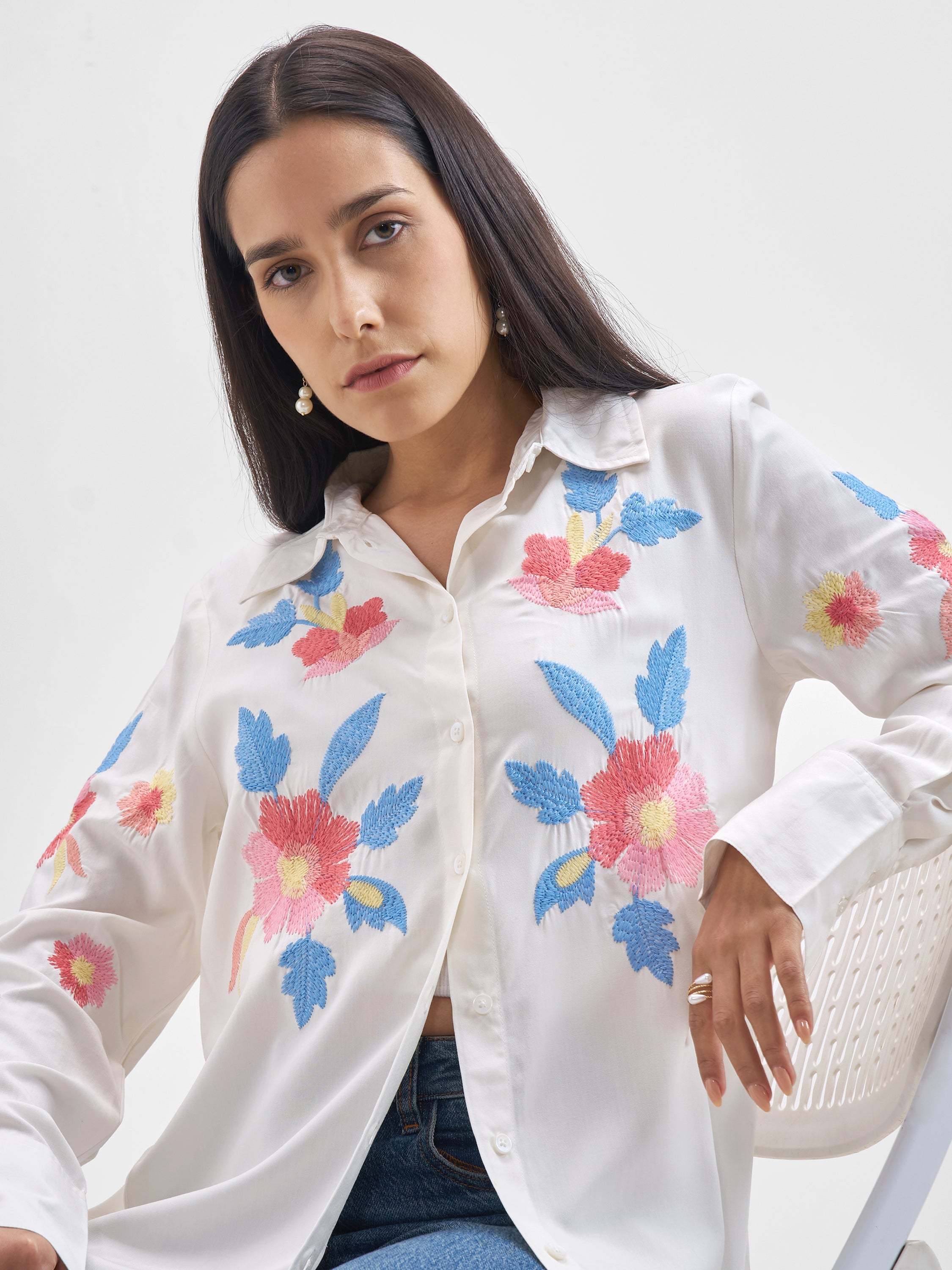 ESPYR By Tokyo Talkies Women Off White Embroidered Casual Shirt - Off White - Image 1