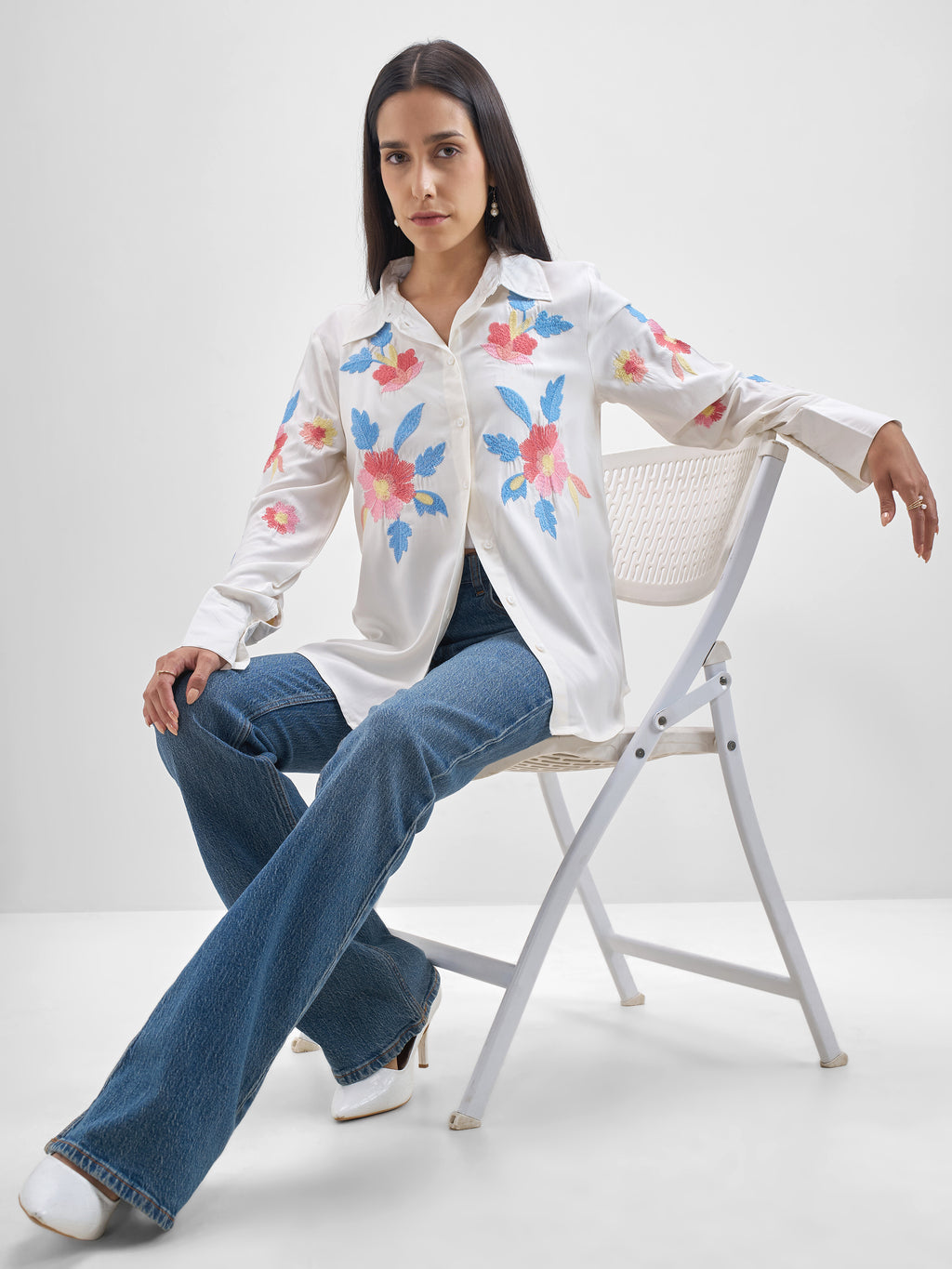 ESPYR By Tokyo Talkies Women Off White Embroidered Casual Shirt - Off White - Image 2