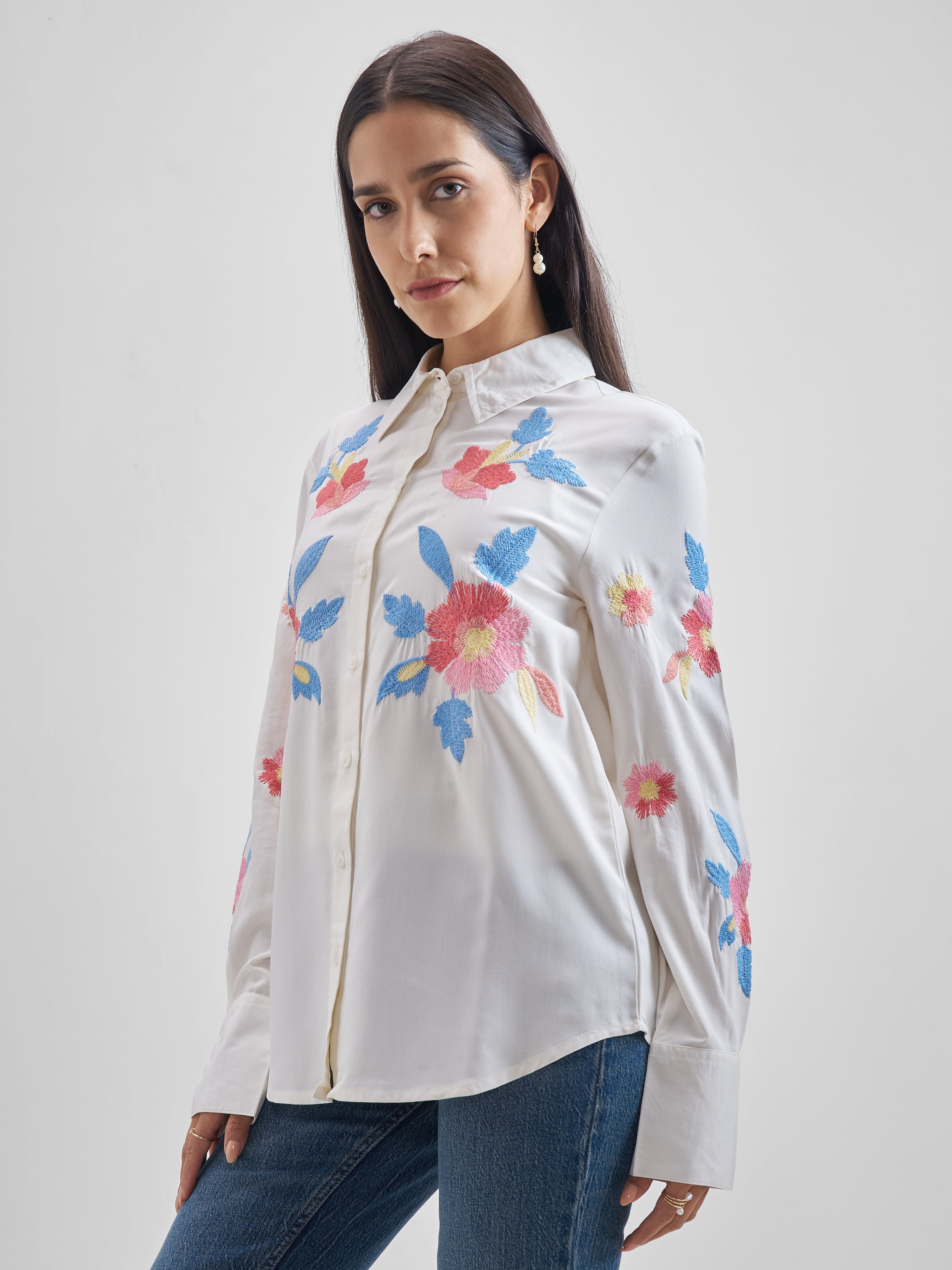 ESPYR By Tokyo Talkies Women Off White Embroidered Casual Shirt - Off White - Image 4