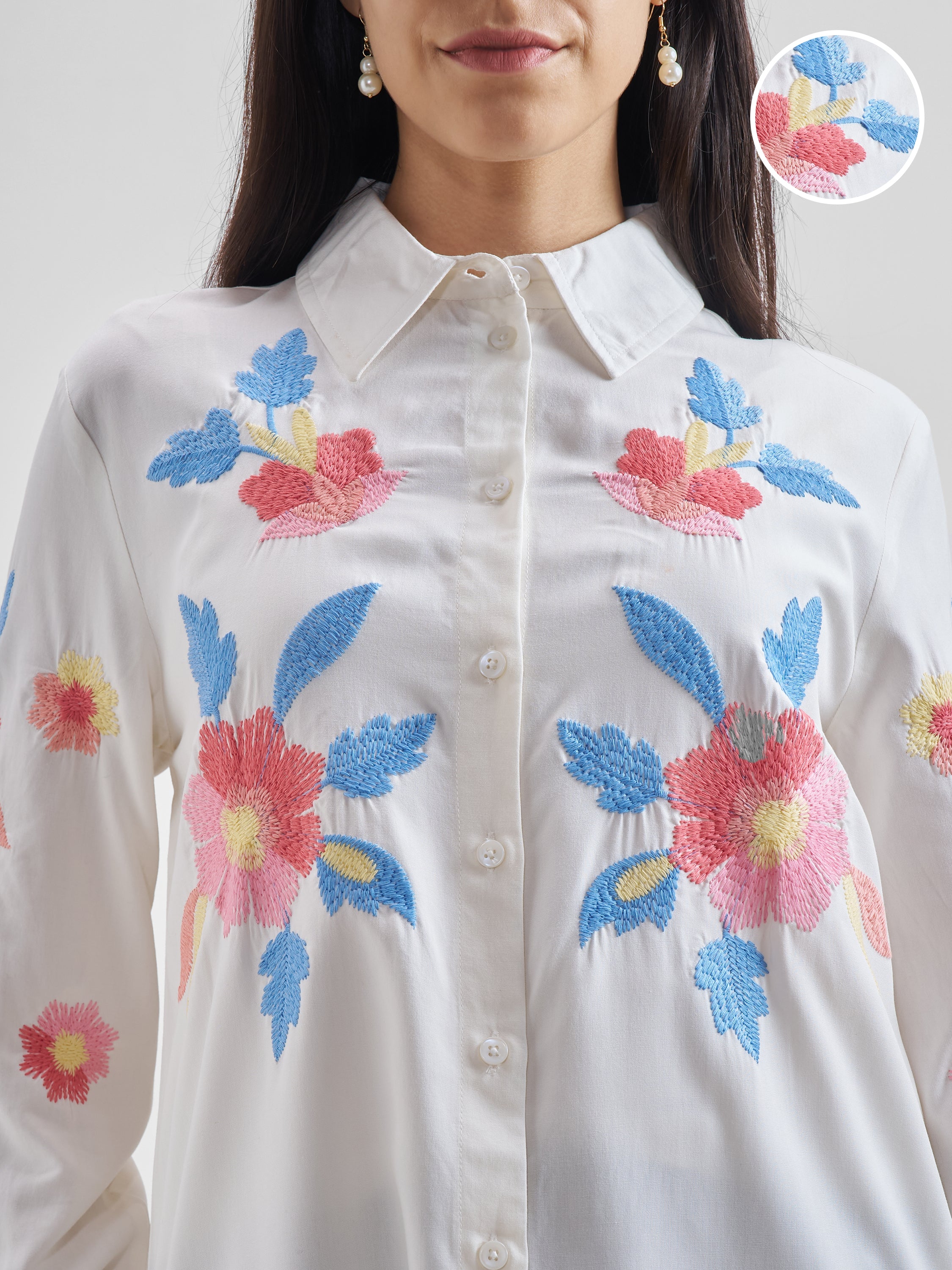 ESPYR By Tokyo Talkies Women Off White Embroidered Casual Shirt - Off White - Image 5