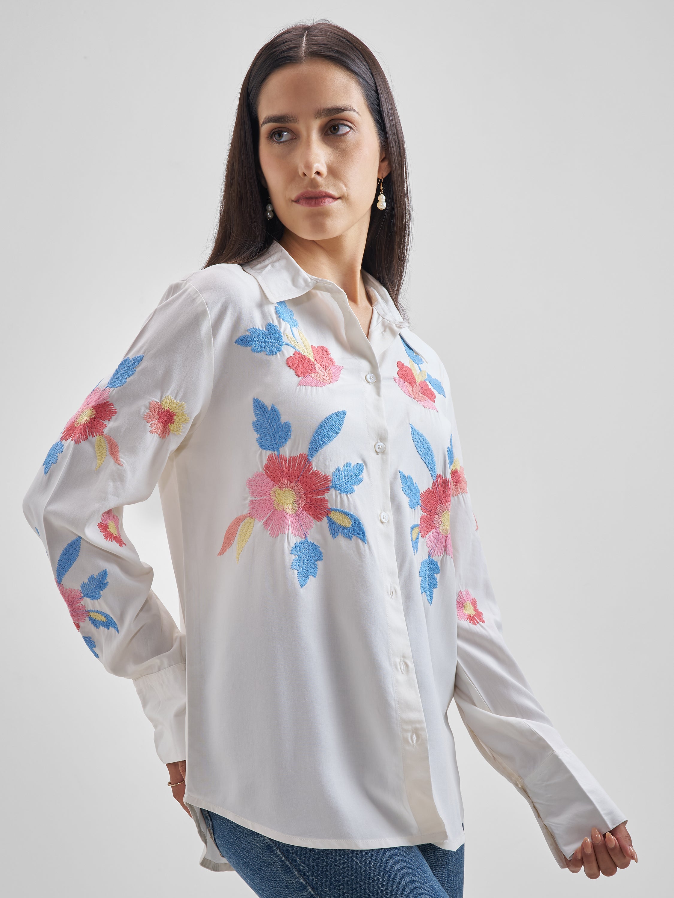 ESPYR By Tokyo Talkies Women Off White Embroidered Casual Shirt - Off White - Image 6
