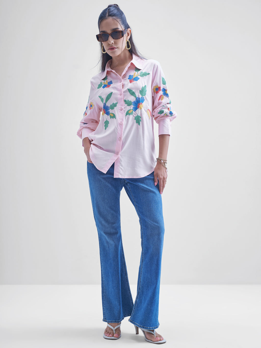 Tokyo Talkies Women Pink Embroidered casual shirts - Pink - Image 2