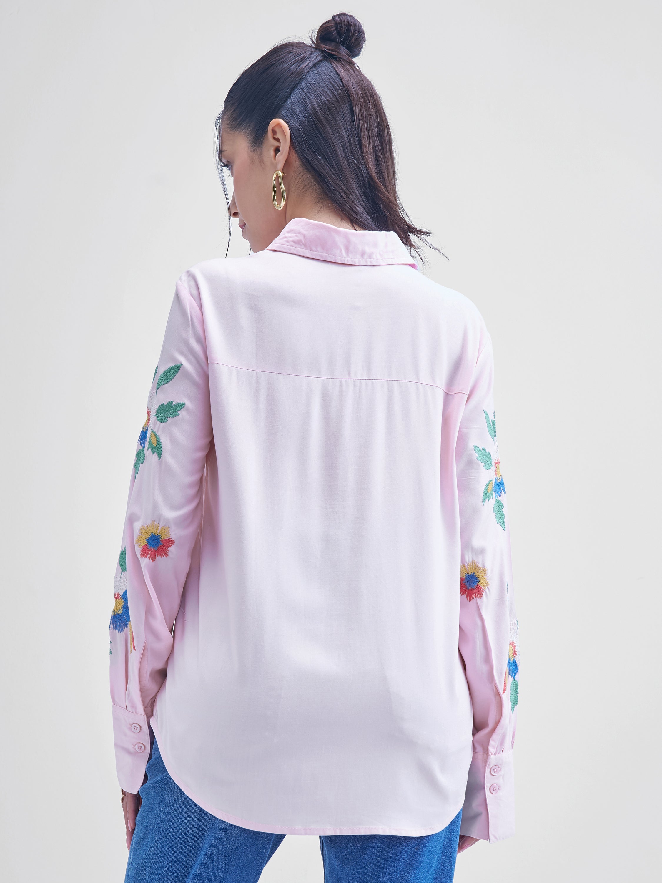 Tokyo Talkies Women Pink Embroidered casual shirts - Pink - Image 3