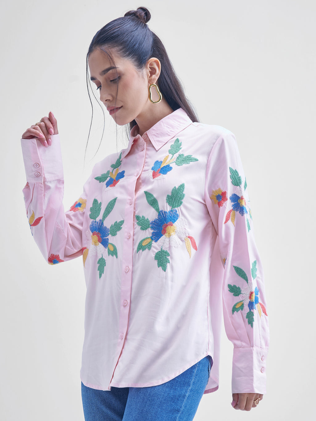 Tokyo Talkies Women Pink Embroidered casual shirts - Pink - Image 4