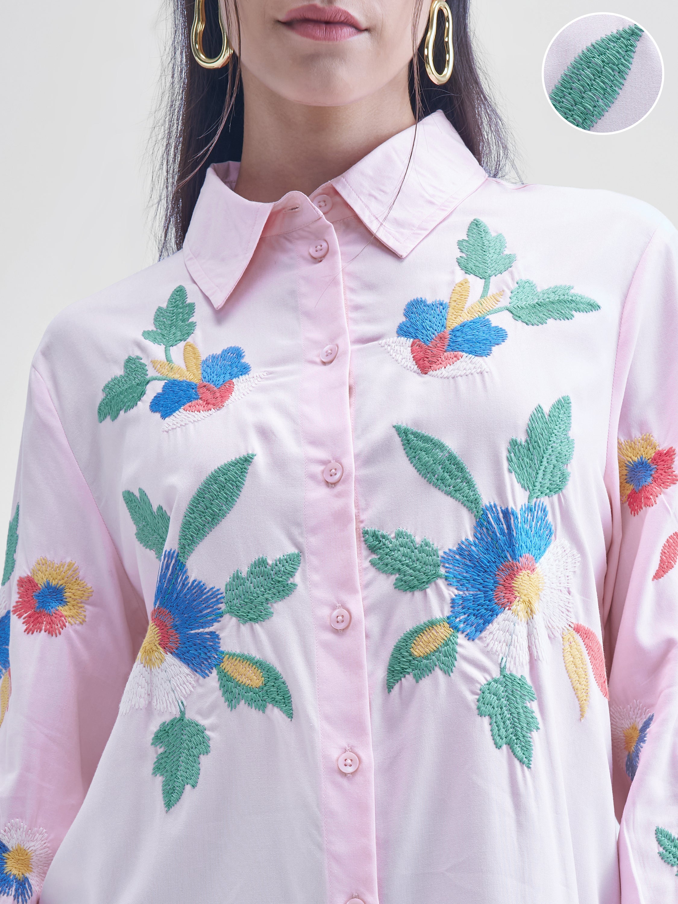 Tokyo Talkies Women Pink Embroidered casual shirts - Pink - Image 5