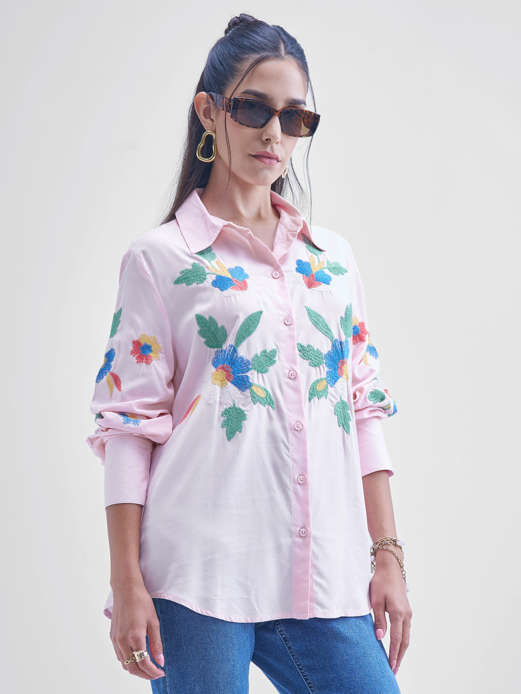 Tokyo Talkies Women Pink Embroidered casual shirts - Pink - Image 6