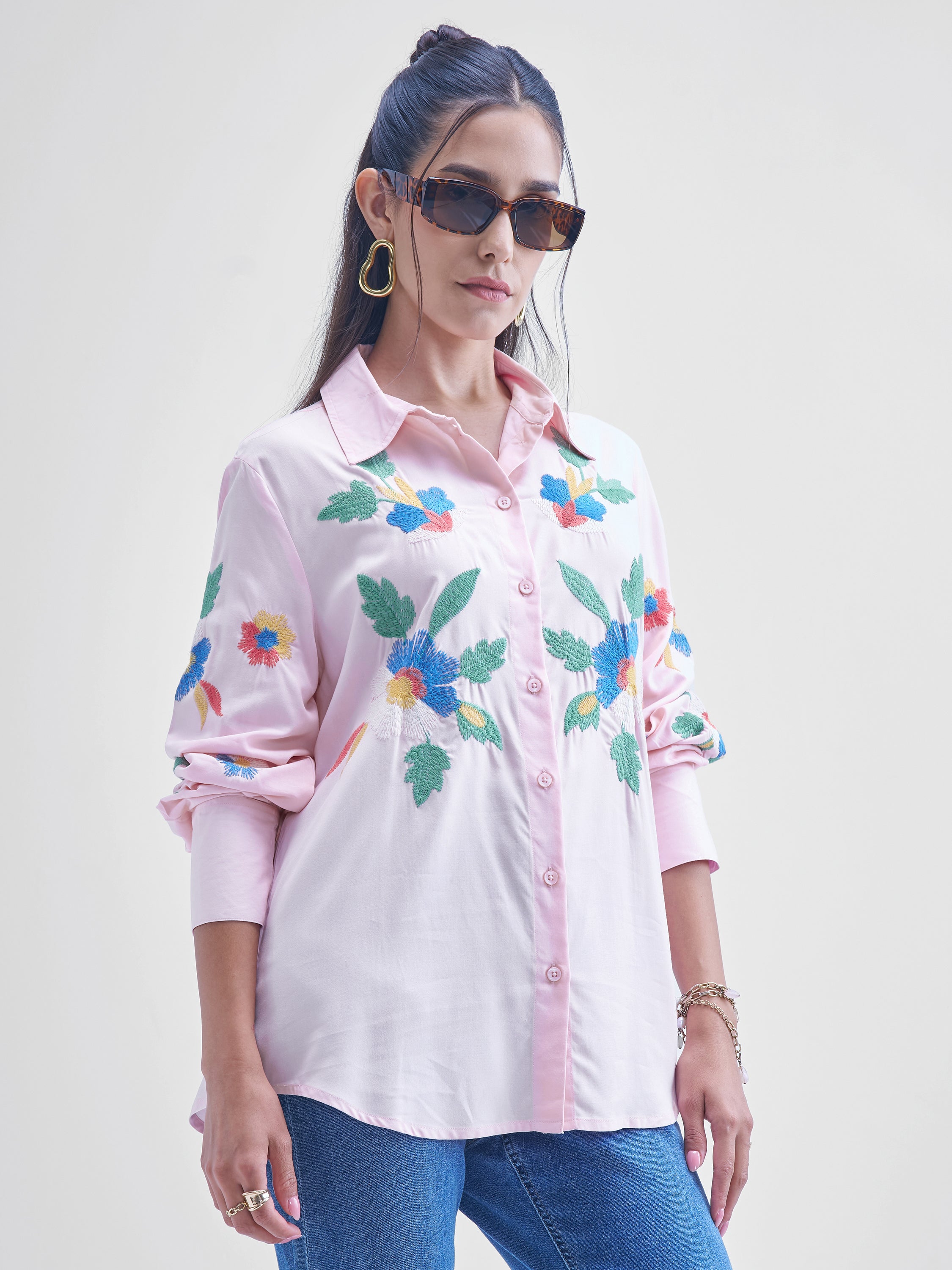 Tokyo Talkies Women Pink Embroidered casual shirts - Pink - Image 6